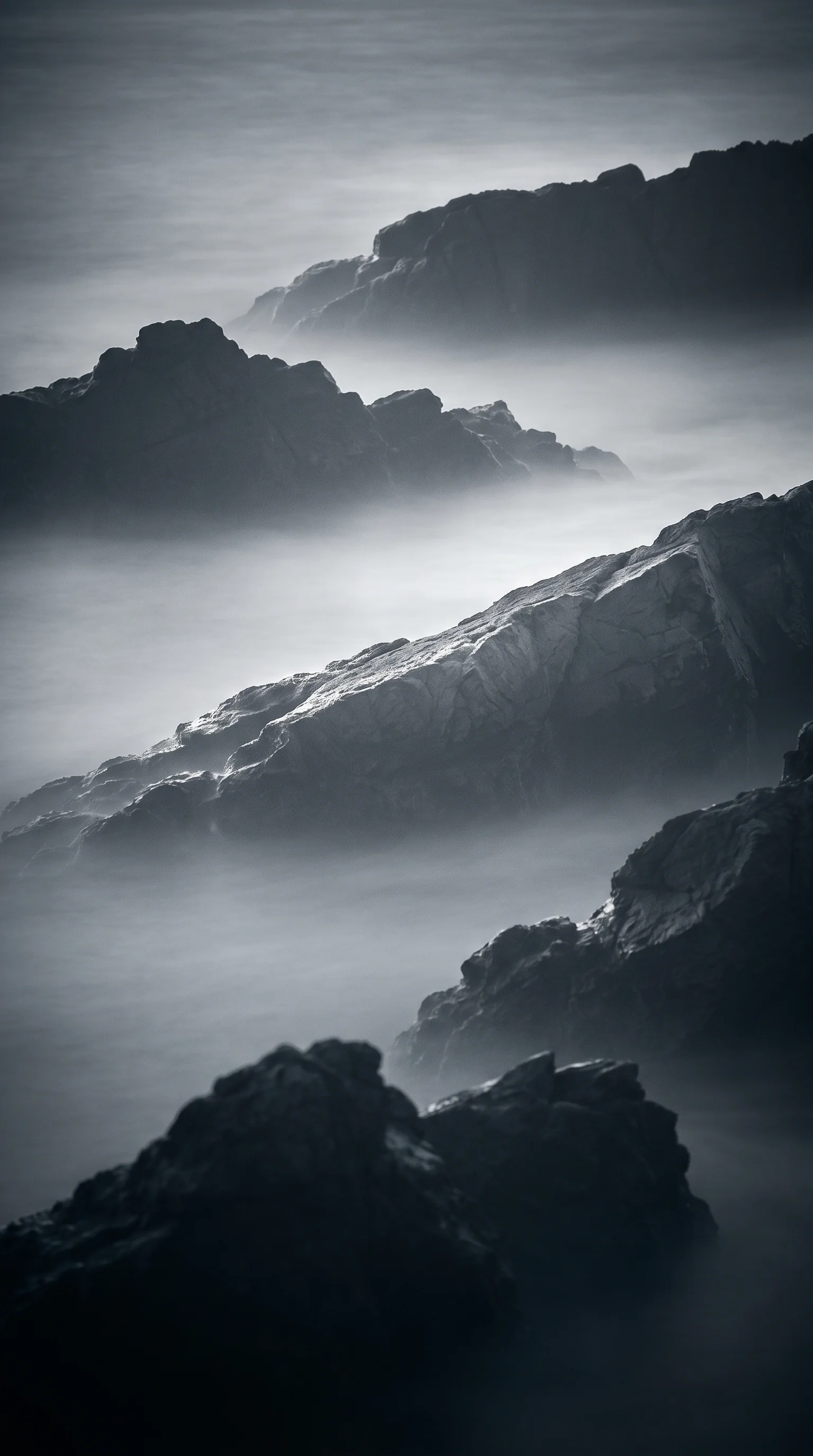 Sea Stacks in Fog in Monochrome — AI-generated photograph