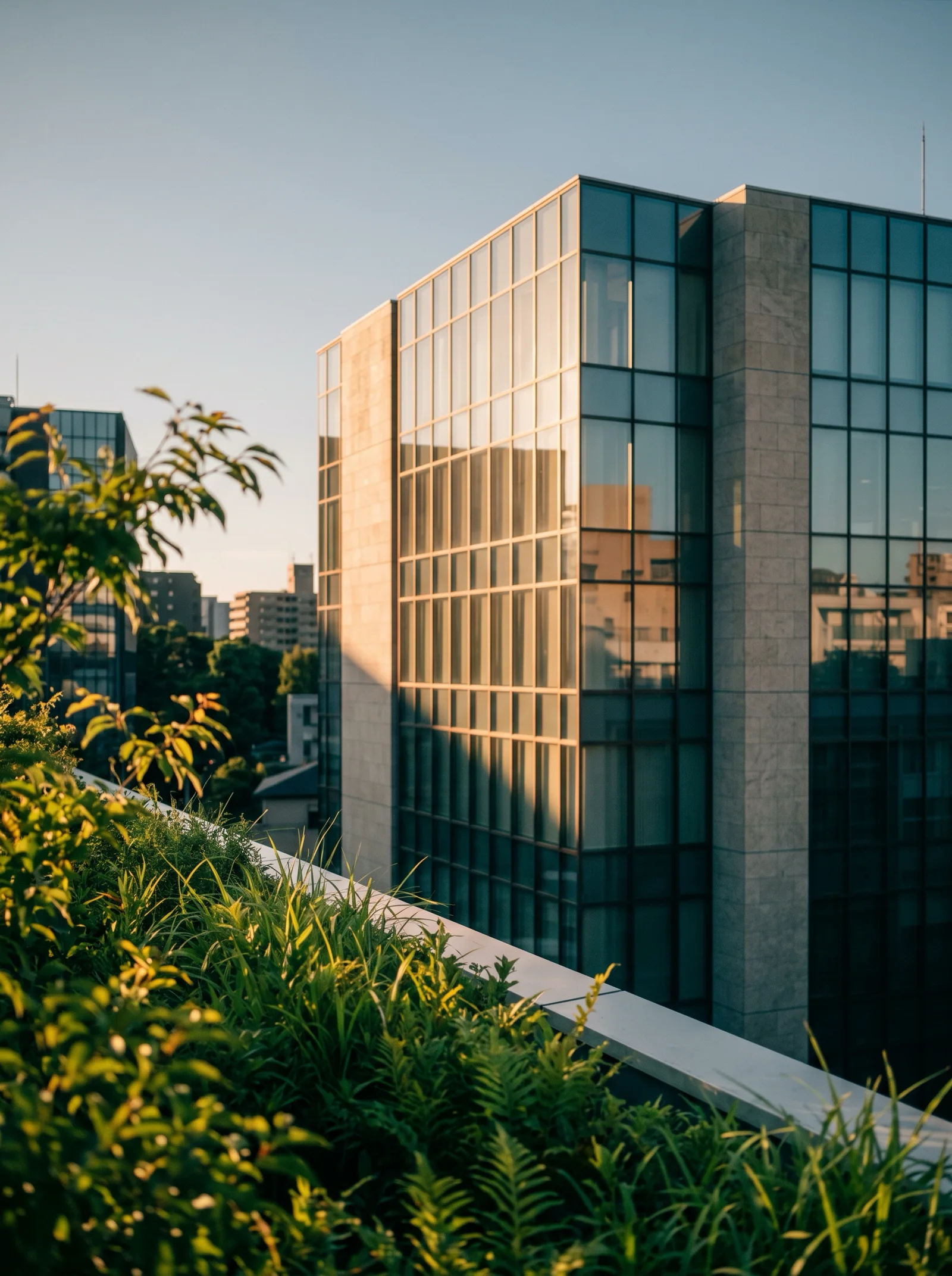 Summer Rooftop Greenery Before Glass Facades — AI-generated photograph