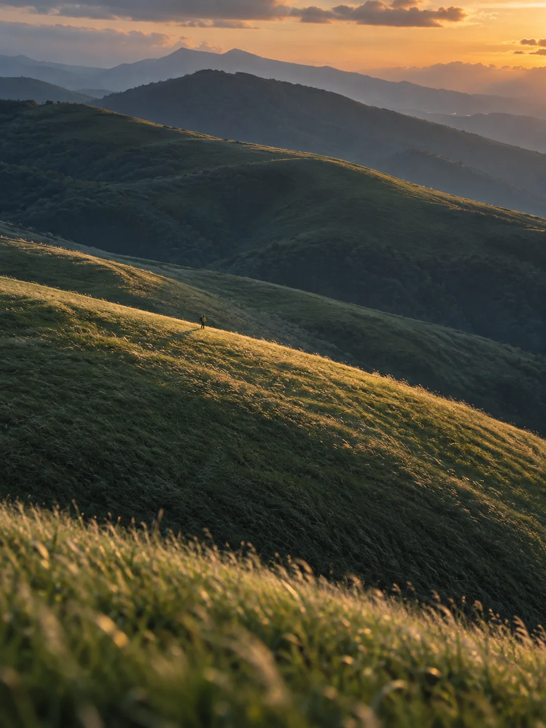 Lone Hiker on Layered Green Ridges — AI-generated photograph