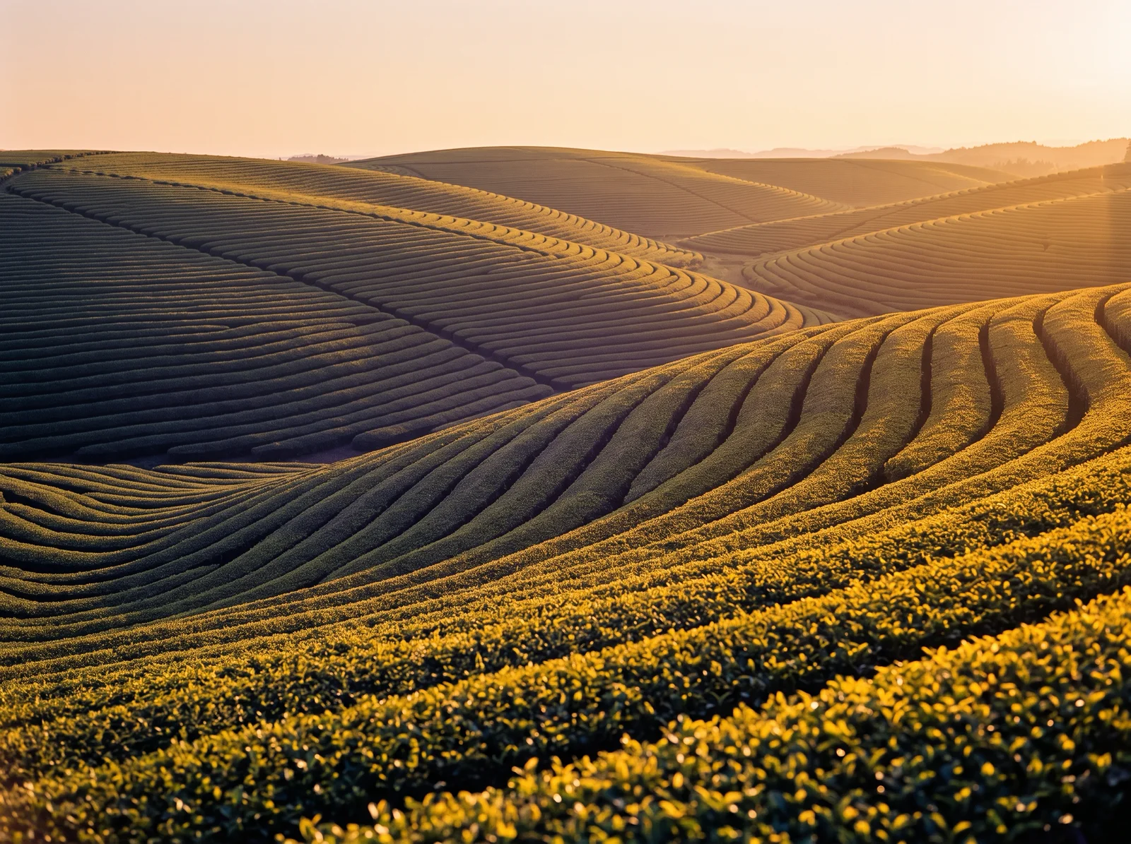 Tea Rows at Golden Hour with Violet Shadows — AI-generated photograph