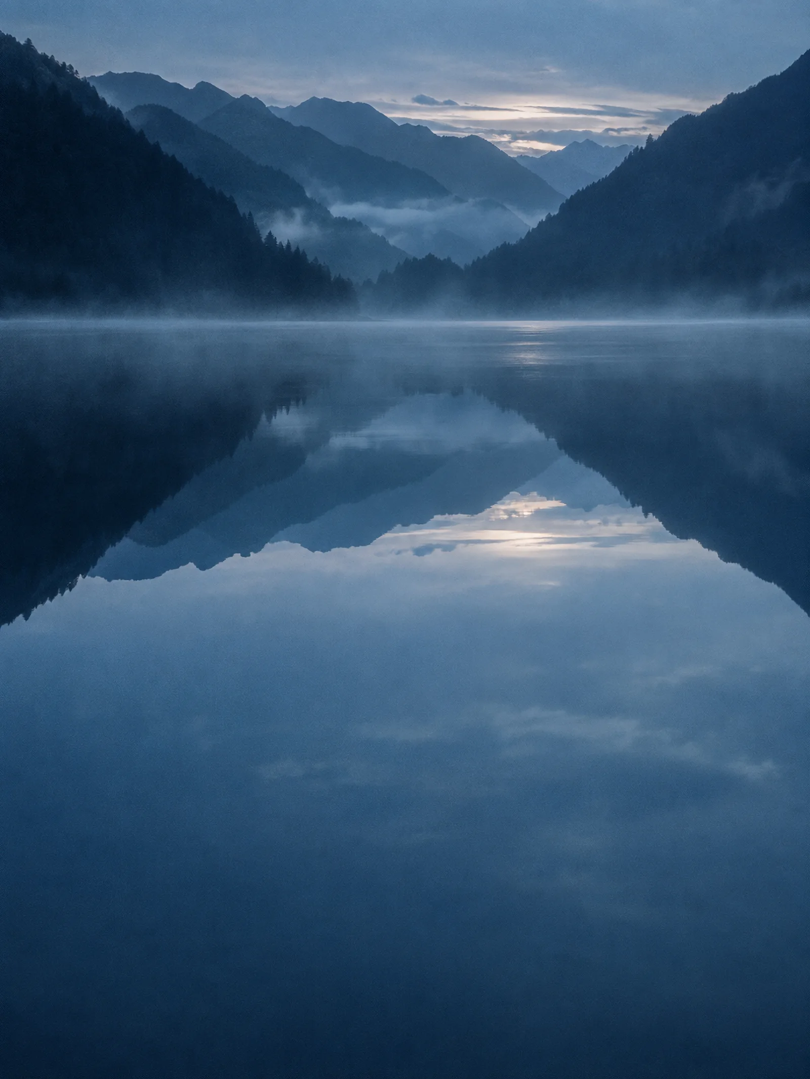 Narrow Valley Reflected in Still Lake — AI-generated photograph
