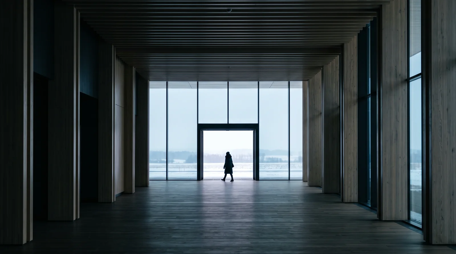 Distant Figure in a Timber Concourse Toward Bright Glazing — AI-generated photograph