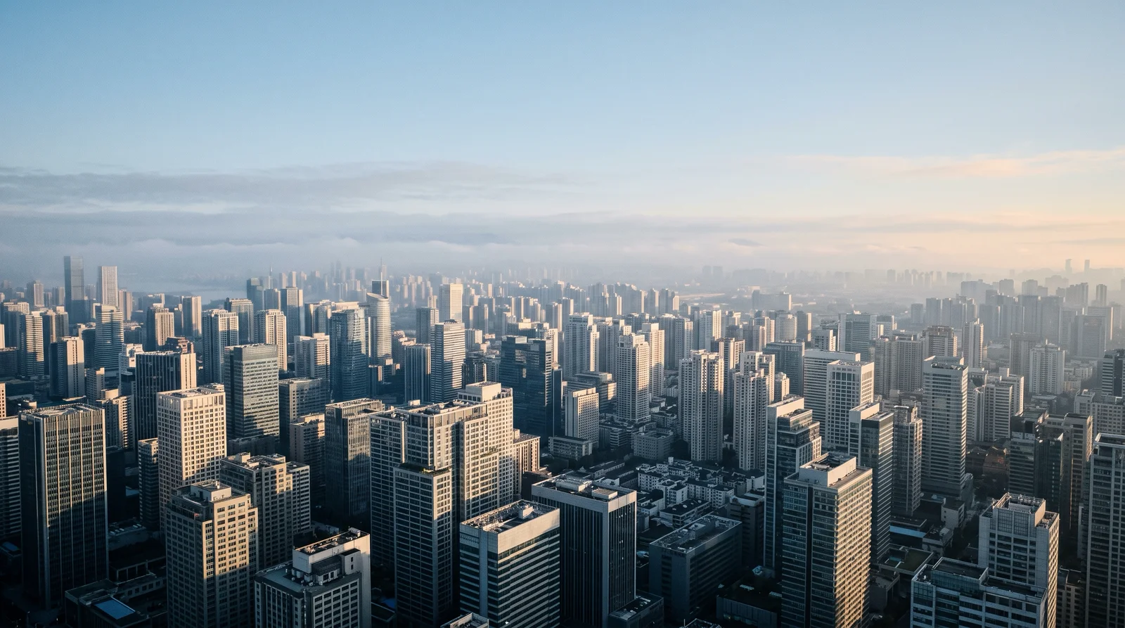 Anonymous Highrises in Morning Haze — AI-generated photograph