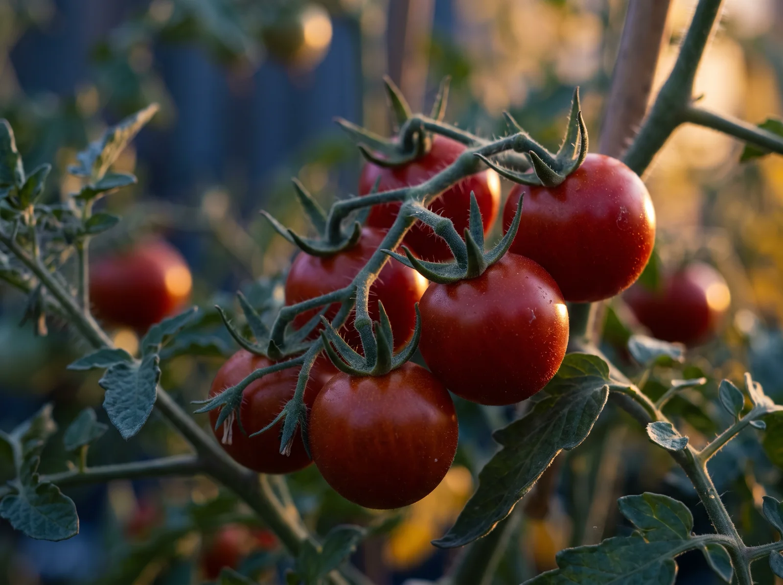 Backlit Vine Tomatoes With Violet Shadows — AI-generated photograph