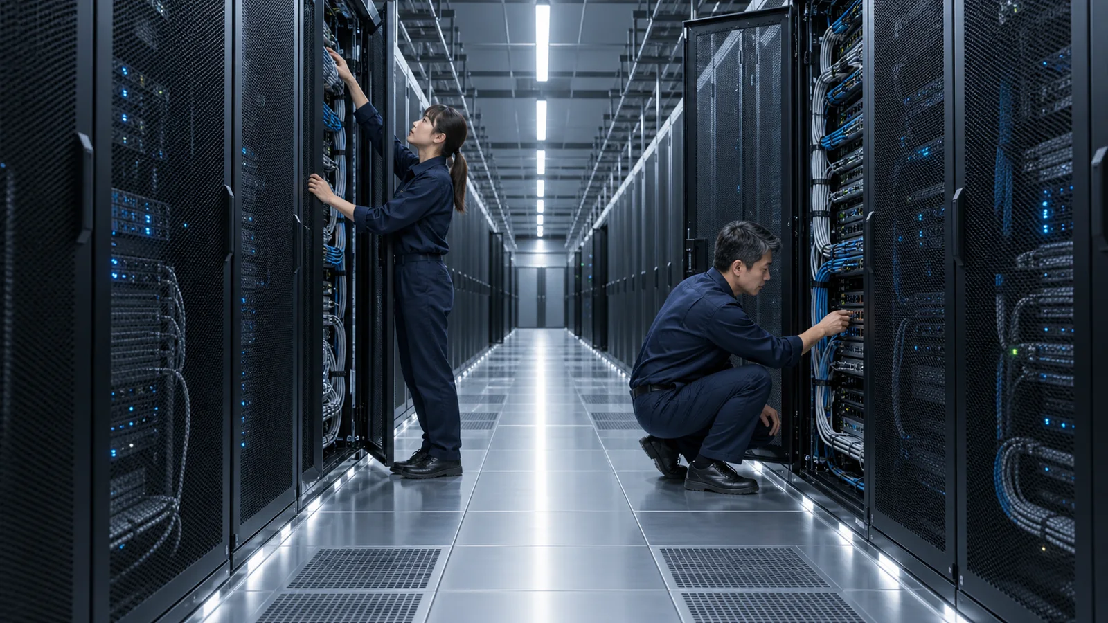 Infrastructure Team Inspecting Server Aisle — AI-generated photograph