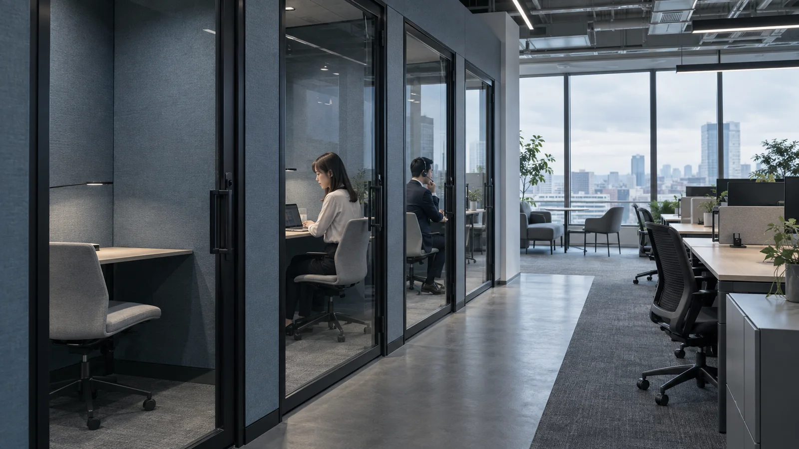 Work Booths Beside Open Office Desks — AI-generated photograph