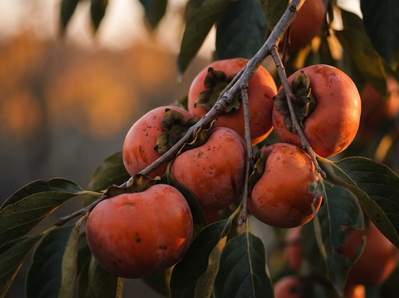 Backlit Persimmons on a Branch — AI-generated photograph