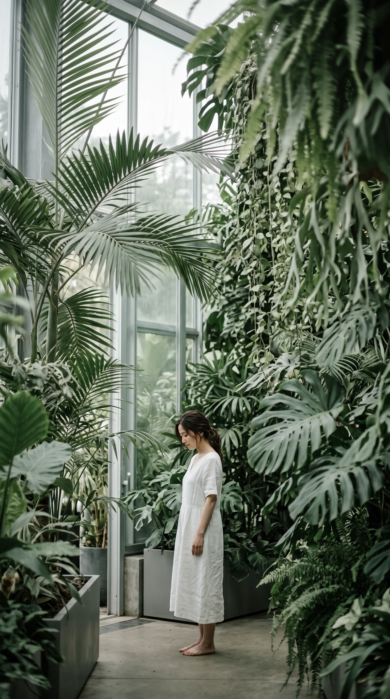 Woman Among Conservatory Palms in Soft Light — AI-generated photograph