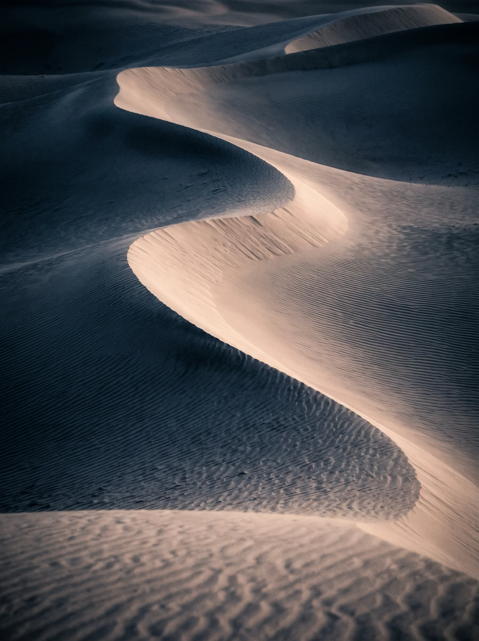 Curved Dune Ridges with Rippled Sand at Dusk — AI-generated photograph