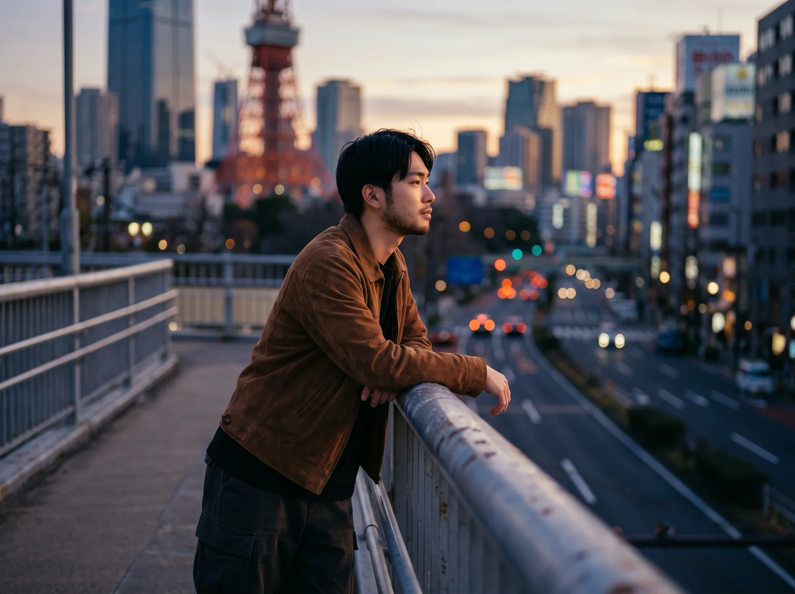 Young Man on an Overpass at Dusk — AI-generated photograph