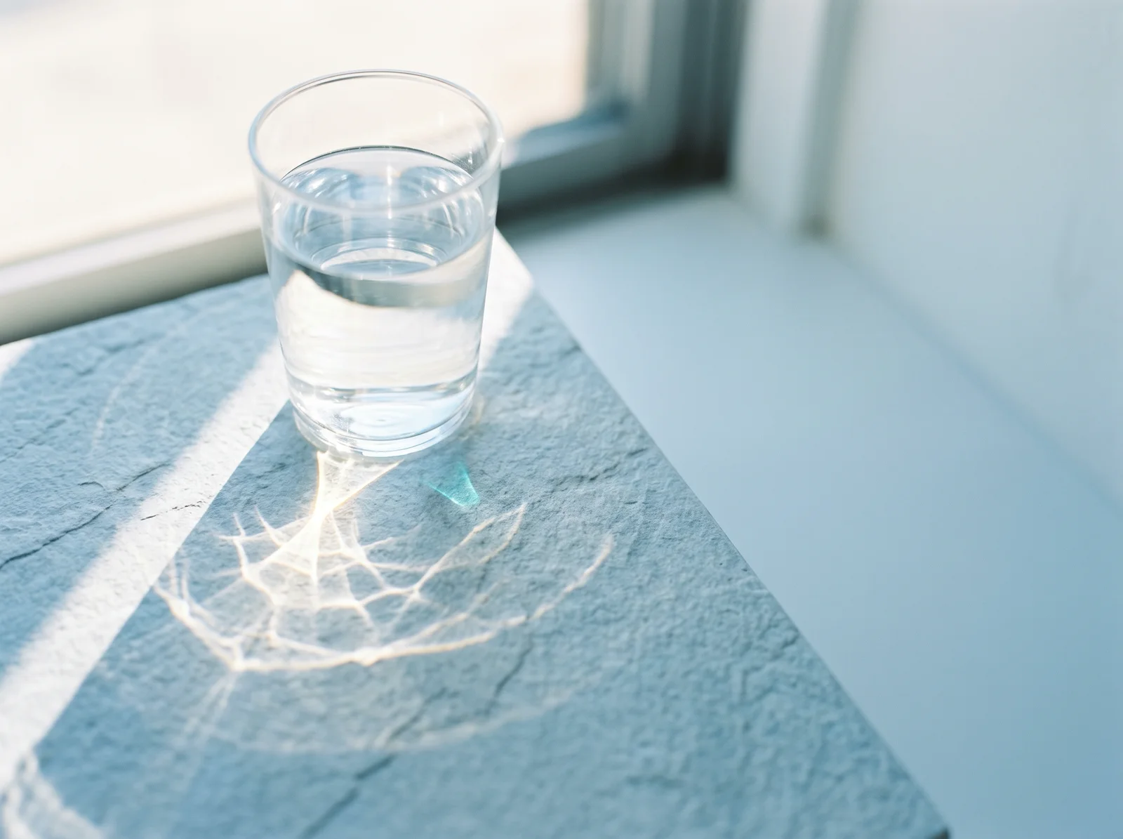 Caustics From a Water Glass on Pale Stone — AI-generated photograph