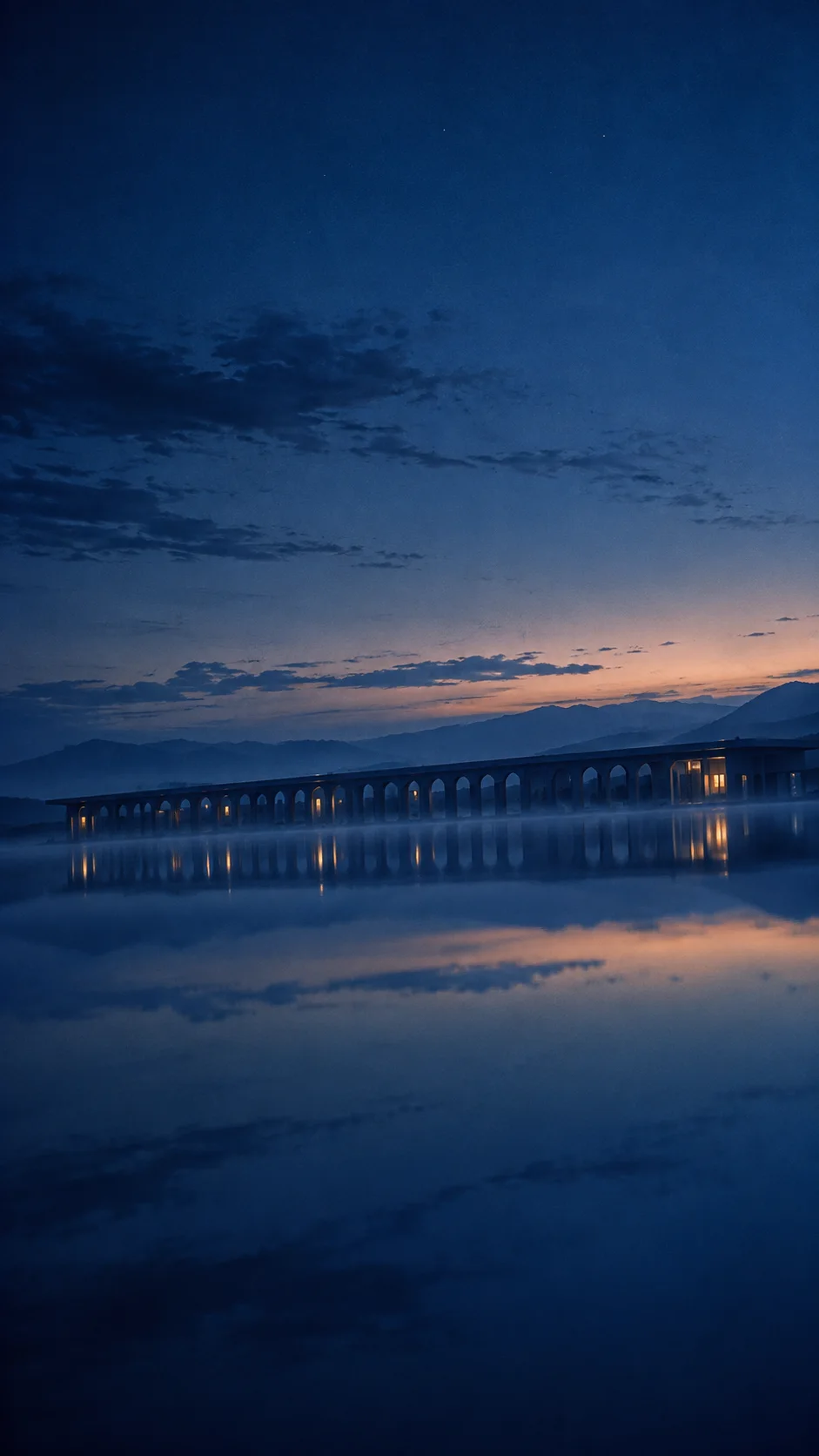 Arched Colonnade Reflected in Blue Water — AI-generated photograph