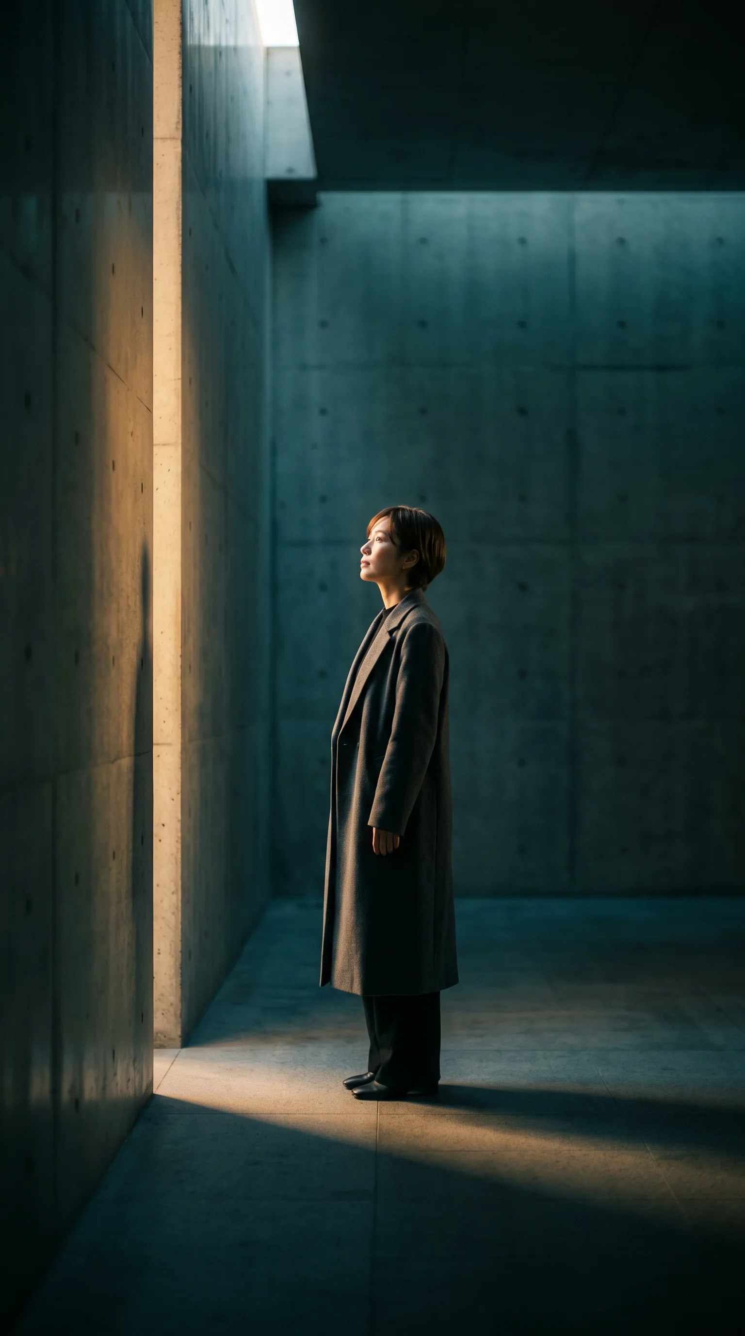 Woman in an Amber Shaft in a Concrete Room — AI-generated photograph