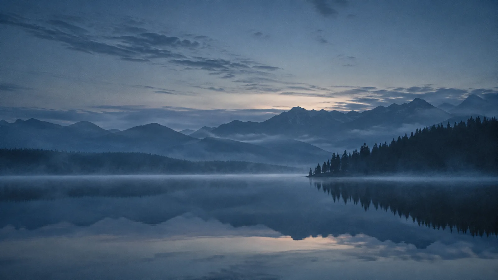Conifer Peninsula Mirrored in a Lake — AI-generated photograph