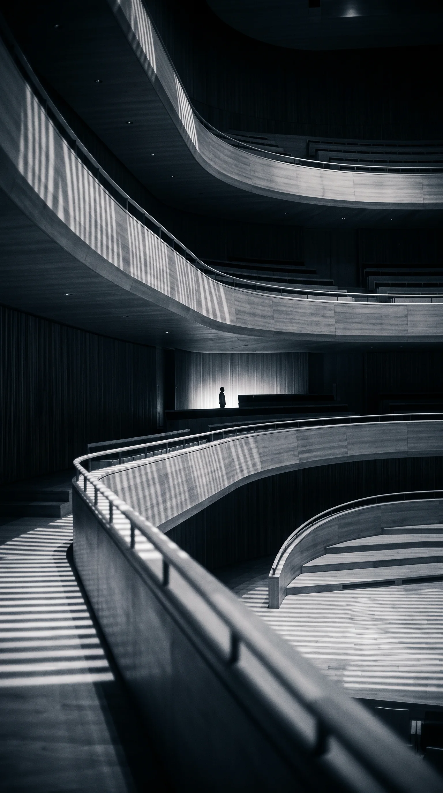 Tiered Concert Hall Balconies in Selenium Monochrome — AI-generated photograph