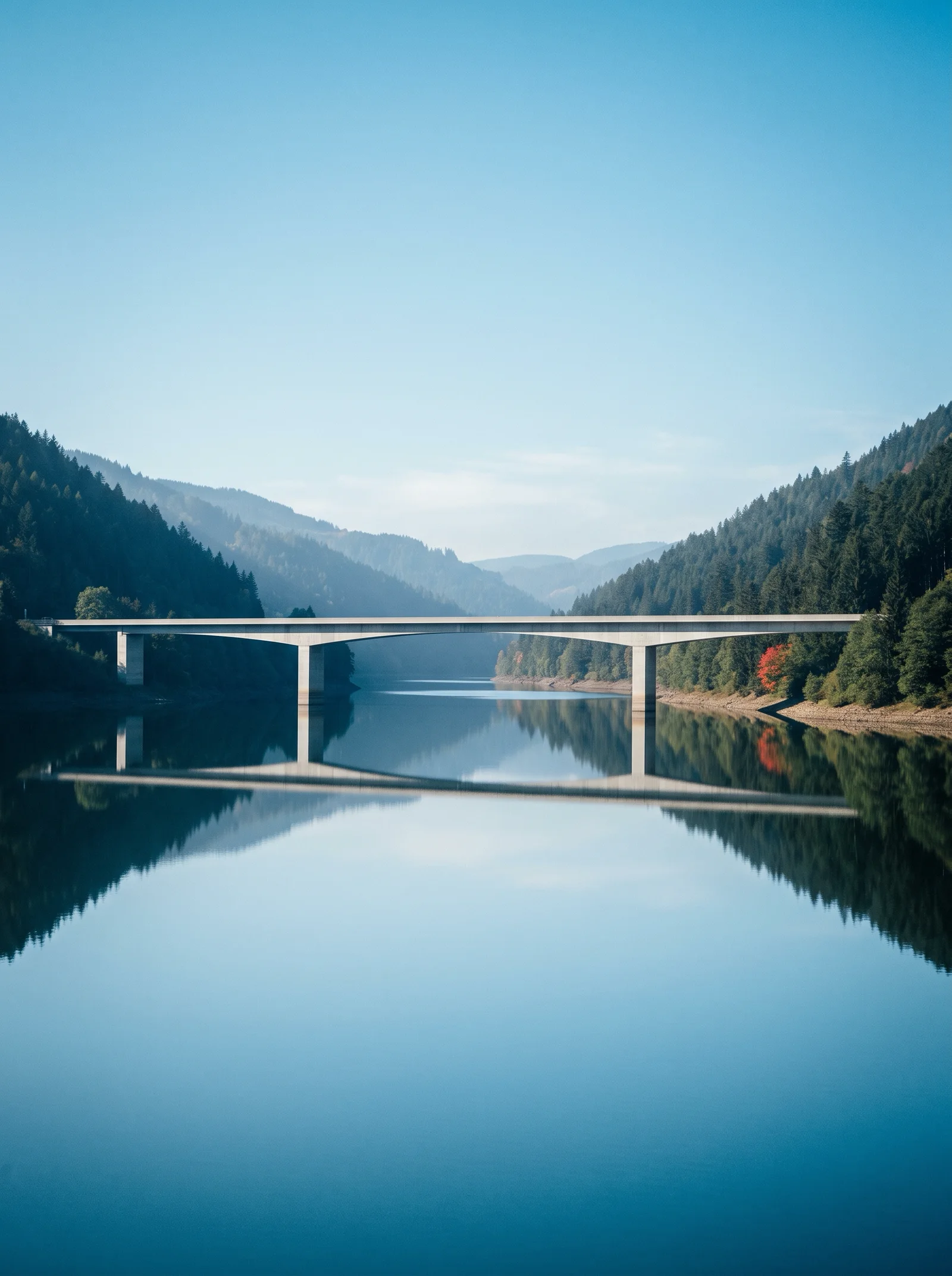Minimal Bridge Mirrored in an Autumn River — AI-generated photograph