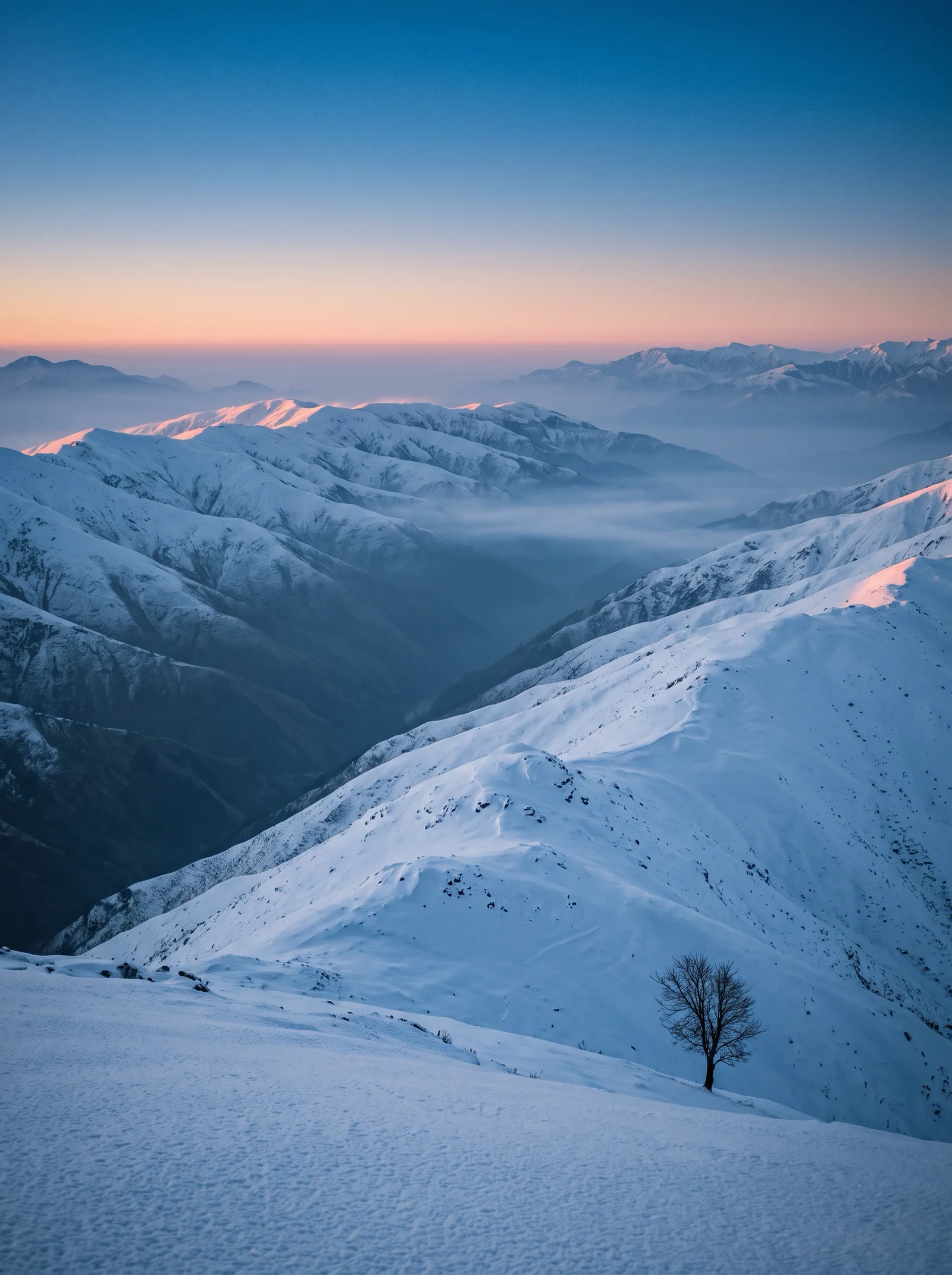 Distant Snow Ridges with a Bare Tree in Morning Mist — AI-generated photograph