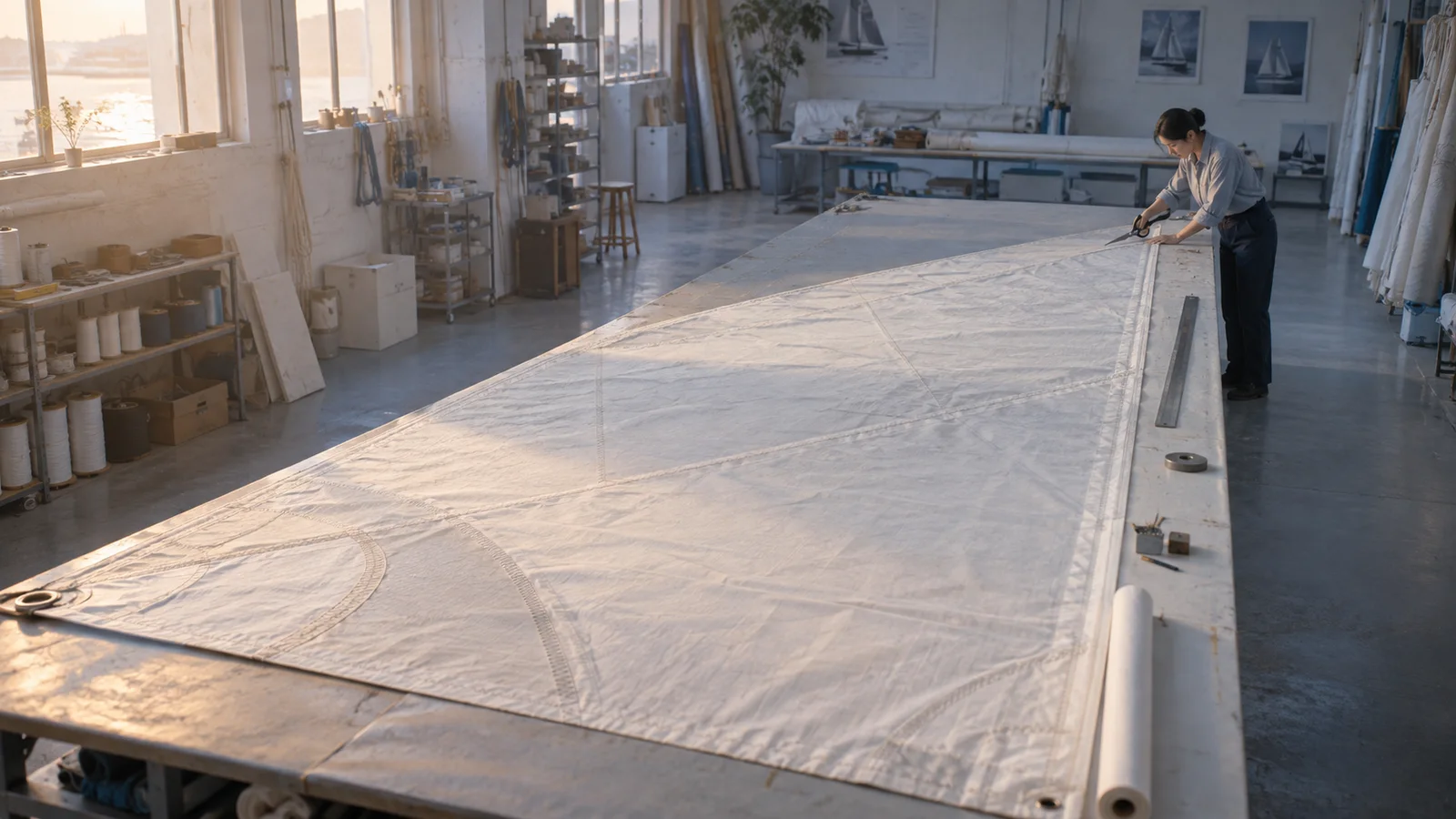 Woman Cutting Sailcloth in a Sail Loft — AI-generated photograph
