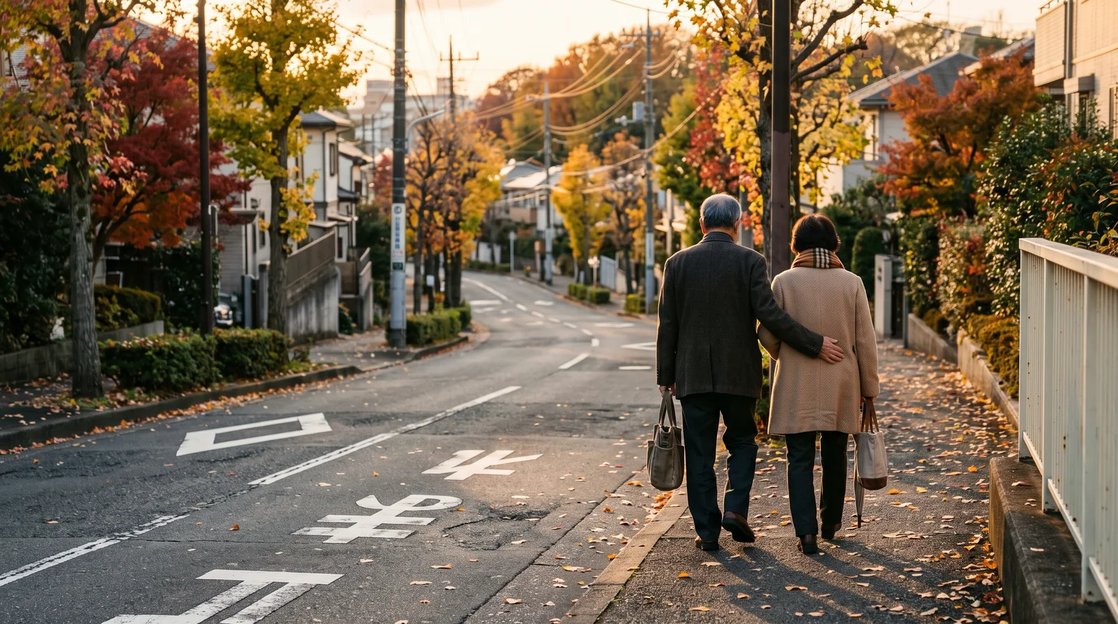 Elderly Couple Walking Down an Autumn Avenue — AI-generated photograph