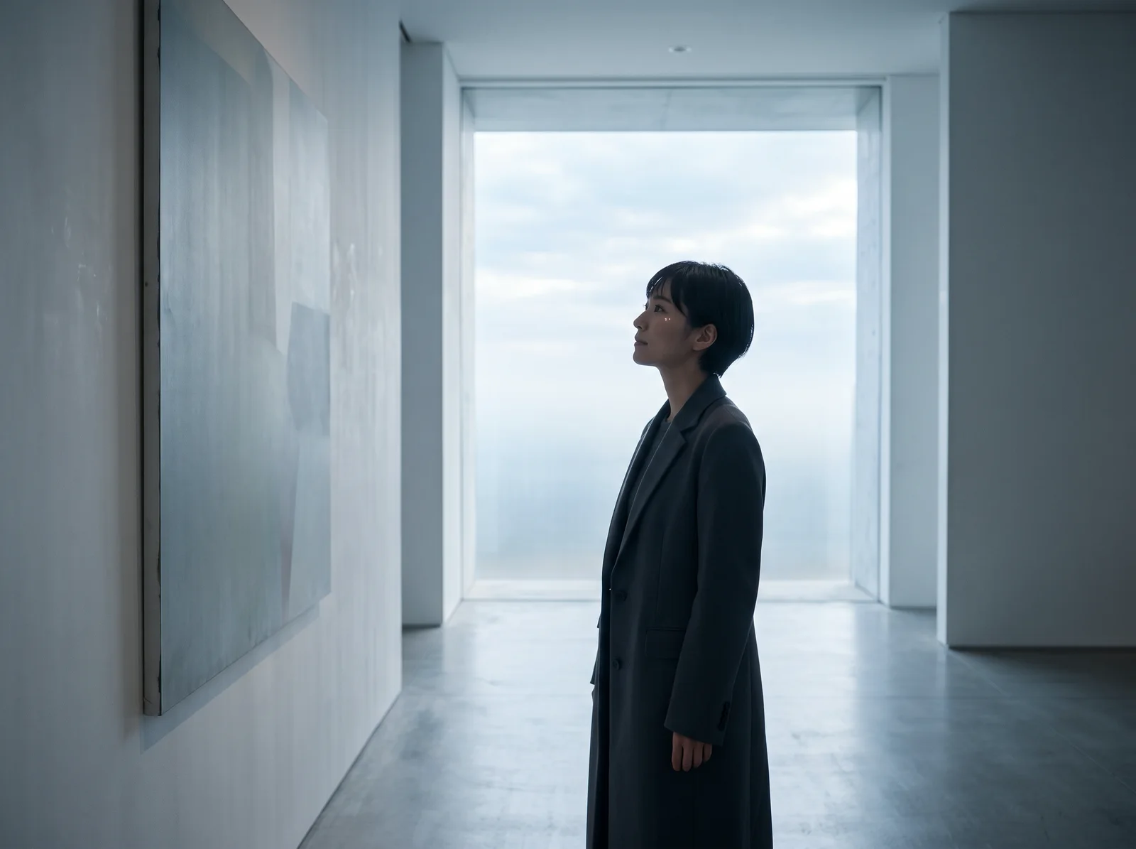 Woman Silhouetted Against Soft Daylight in a Bright Gallery — AI-generated photograph