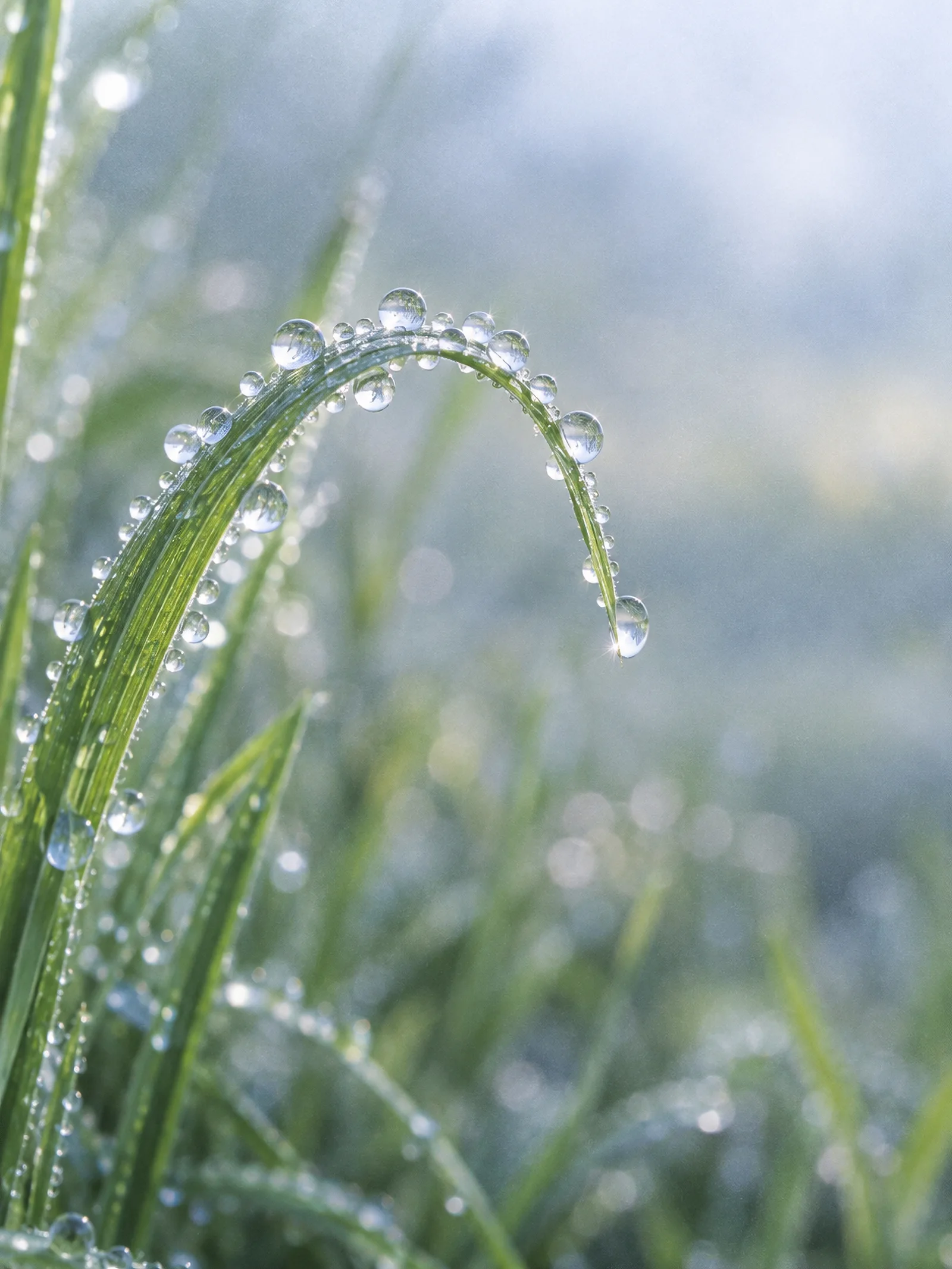 Raindrops Along a Curving Grass Blade — AI-generated photograph