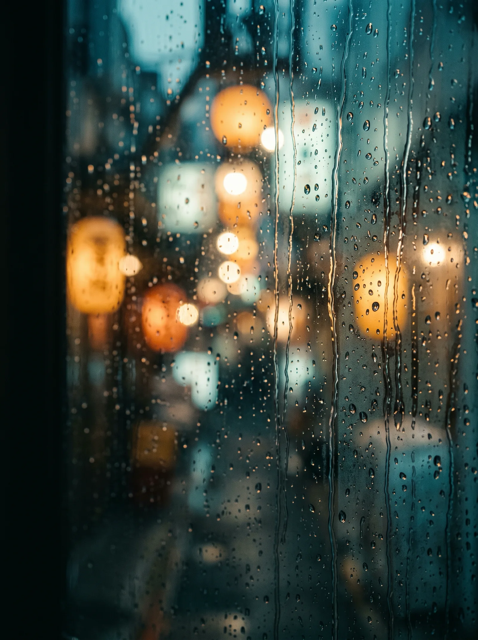 Rain-Streaked Window Over a Lantern-Lit Alley — AI-generated photograph