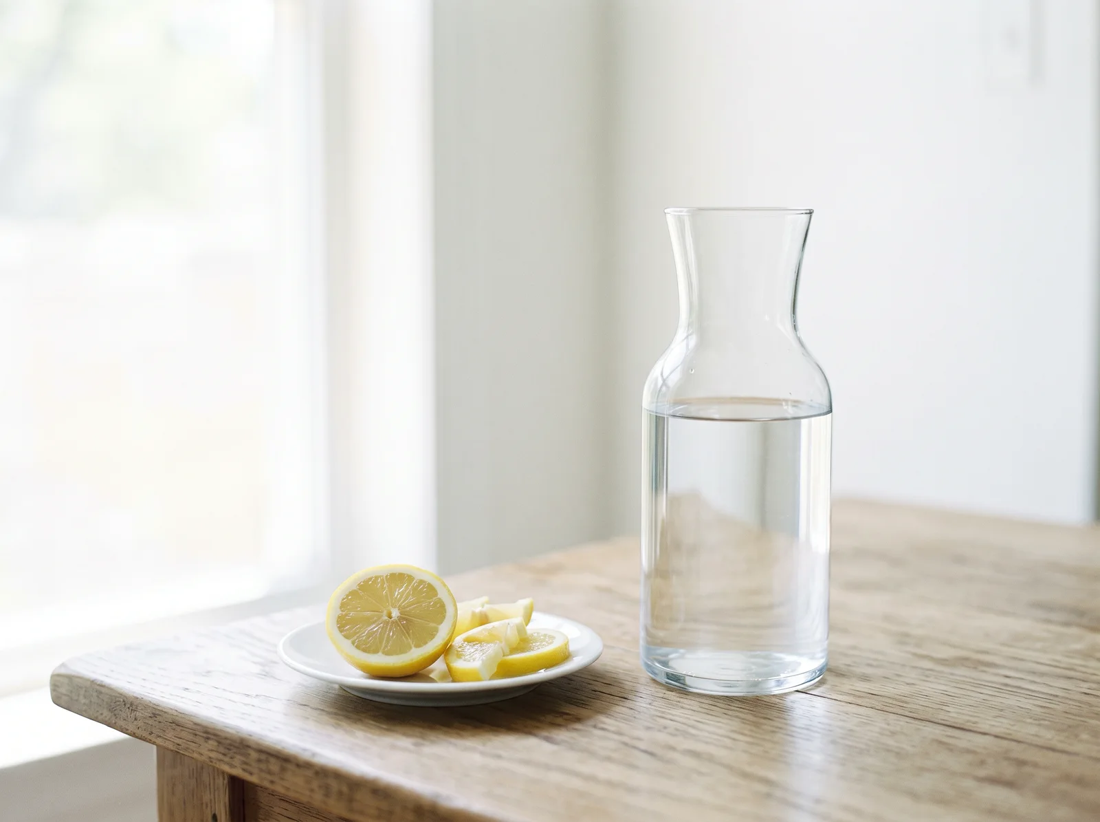 Glass Pitcher and Cut Lemons on a Light Oak Table — AI-generated photograph