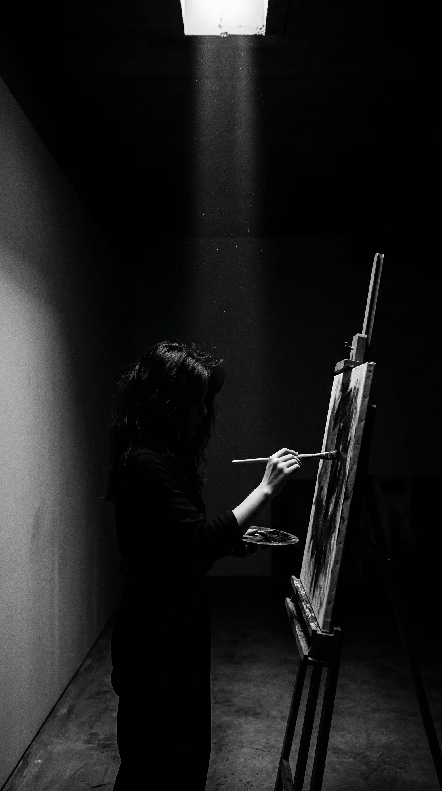 Painter's Hands Under a Shaft of Light in Monochrome — AI-generated photograph