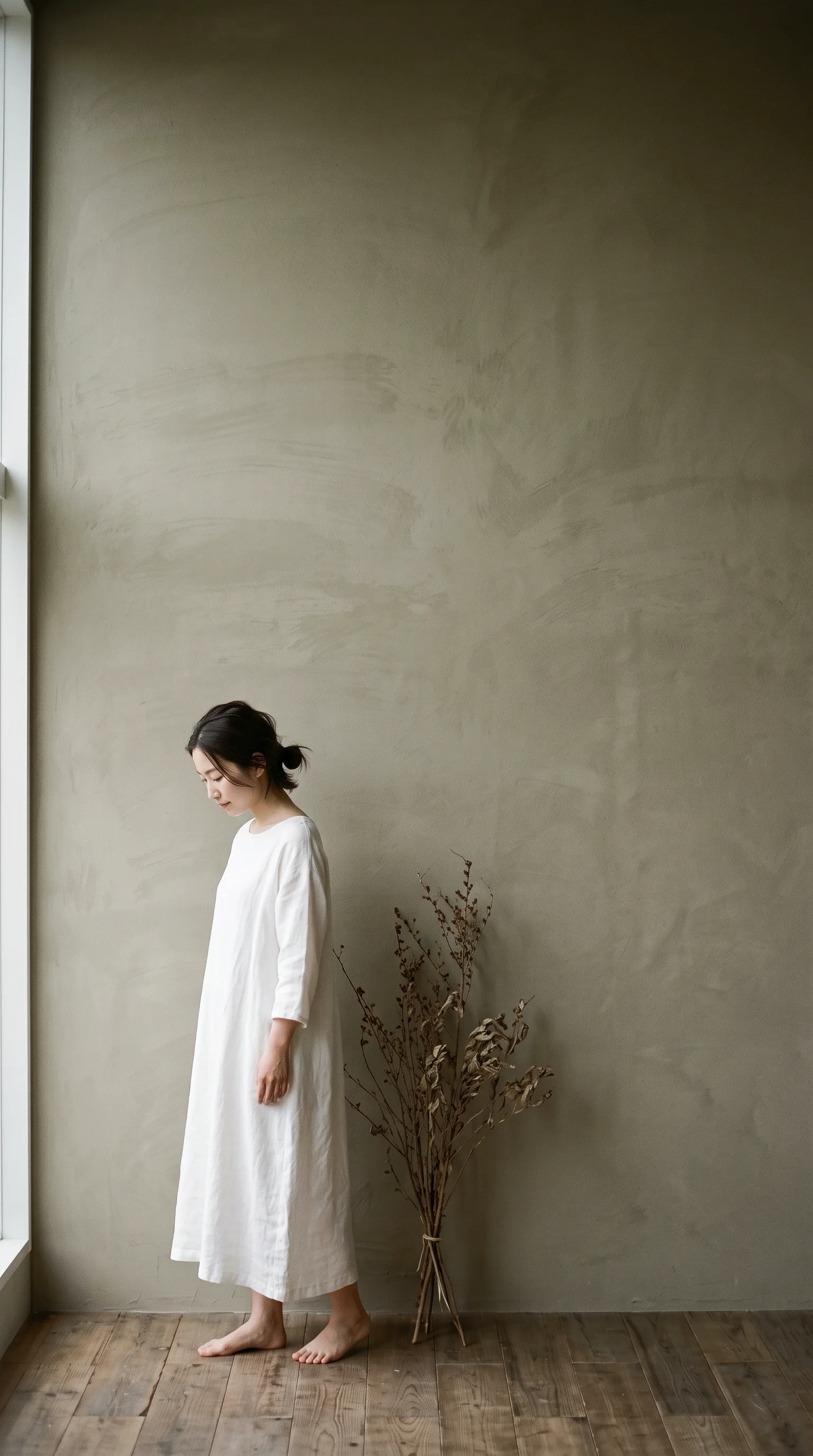 Woman in White Linen Against an Earthen Wall — AI-generated photograph