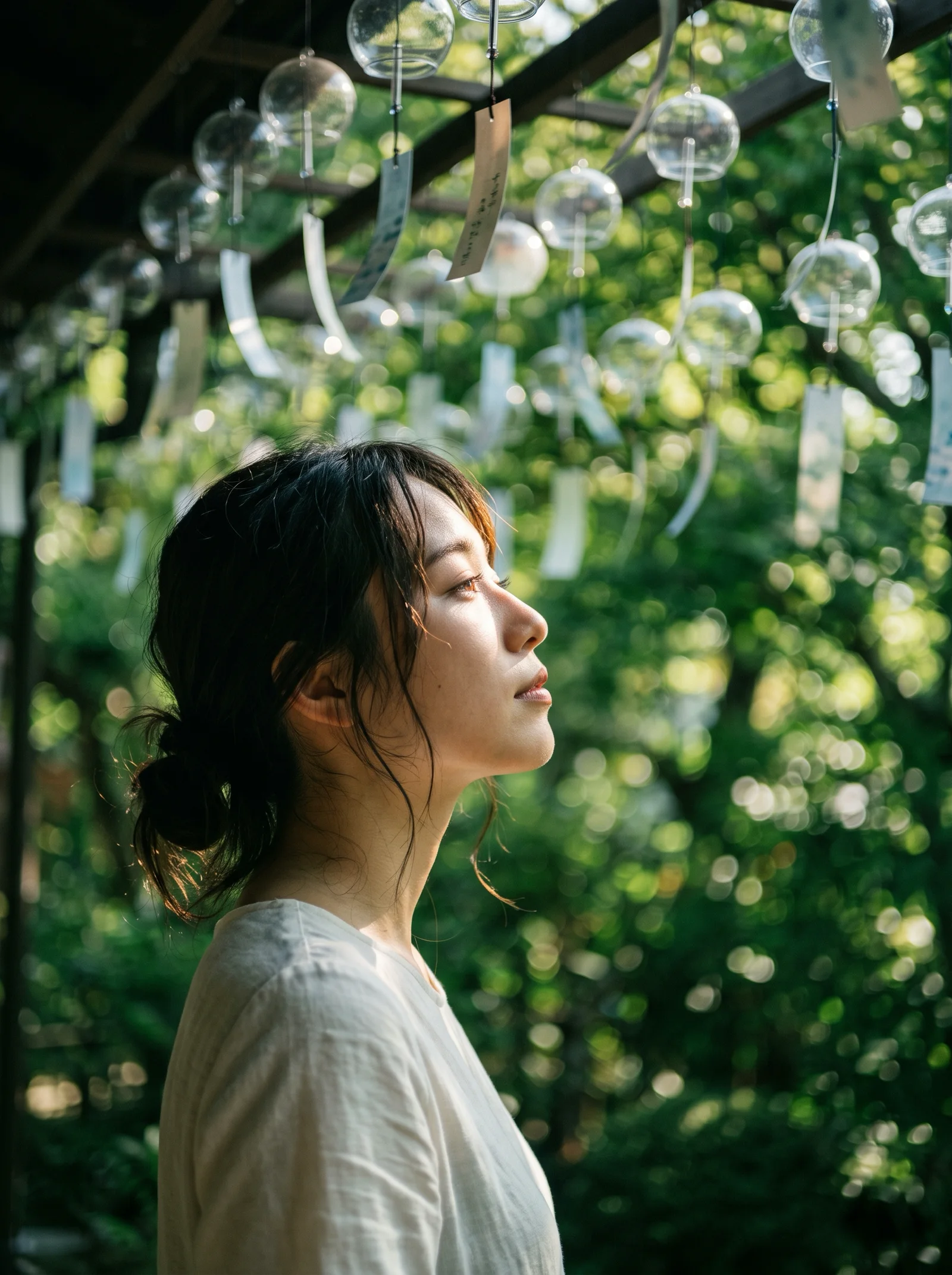 Woman's Profile Beneath Glass Wind Chimes — AI-generated photograph
