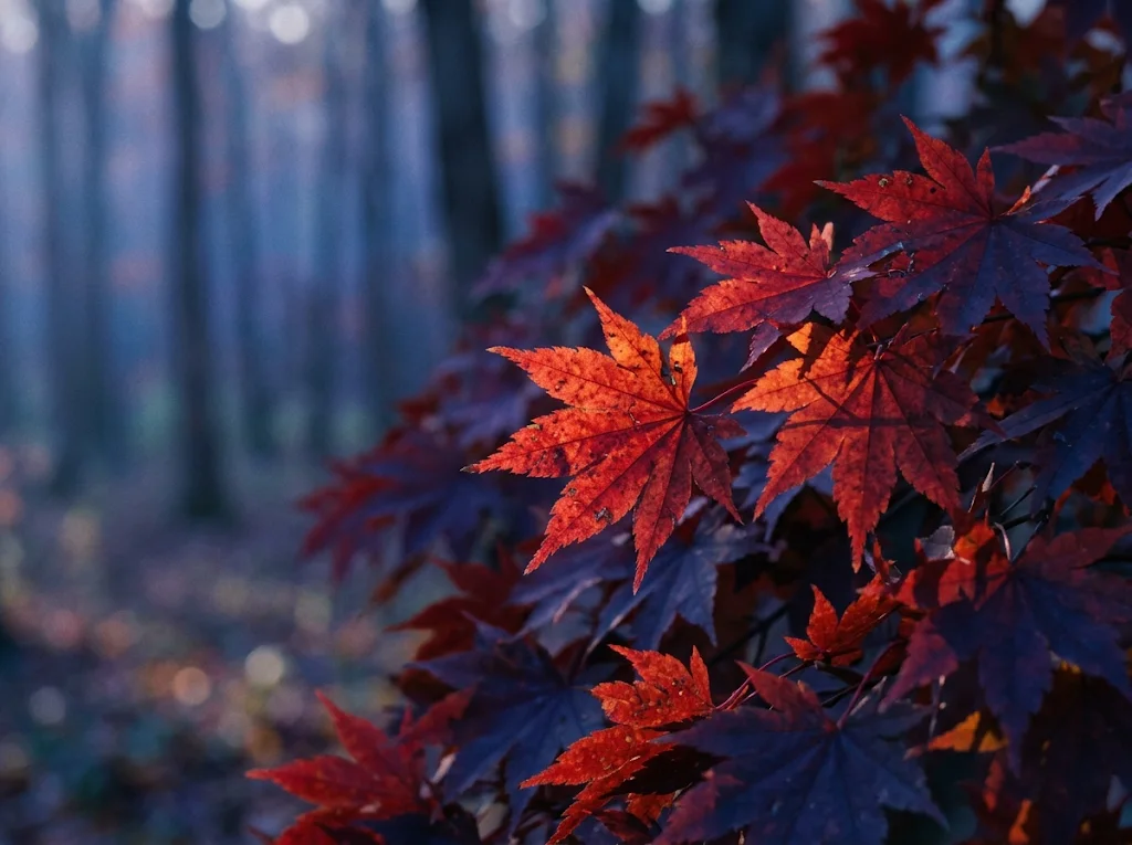 Backlit Crimson Maple Leaves with Misty Depth — AI-generated photograph