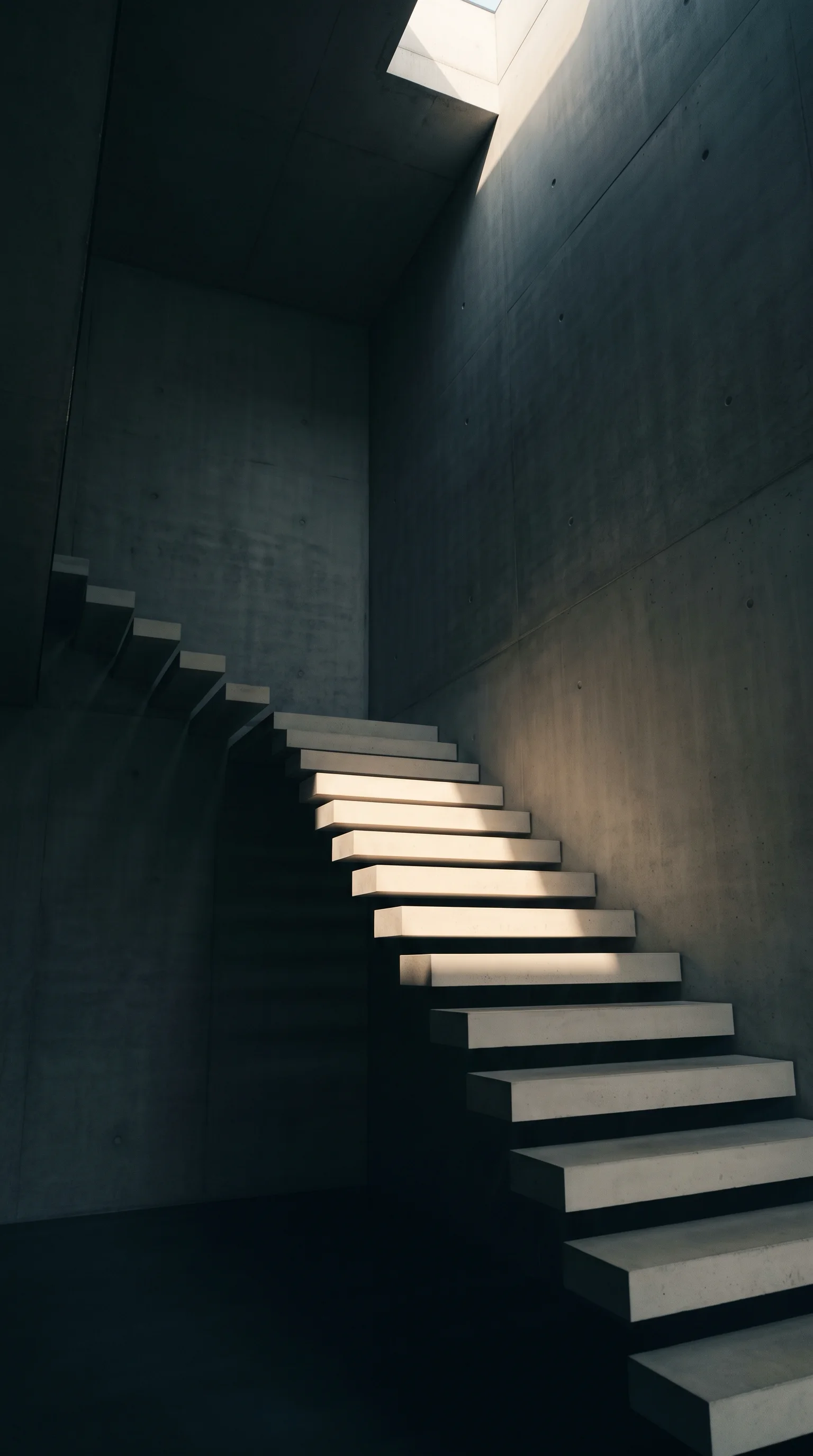 Raking Shaft on Cantilevered Atrium Stairs — AI-generated photograph
