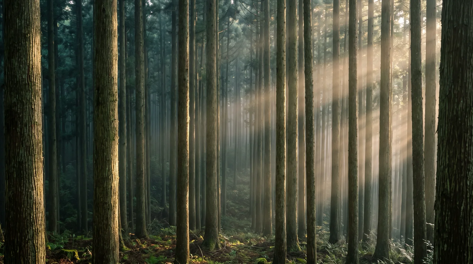 Sunbeams Through a Misty Cedar Forest at Dawn — AI-generated photograph