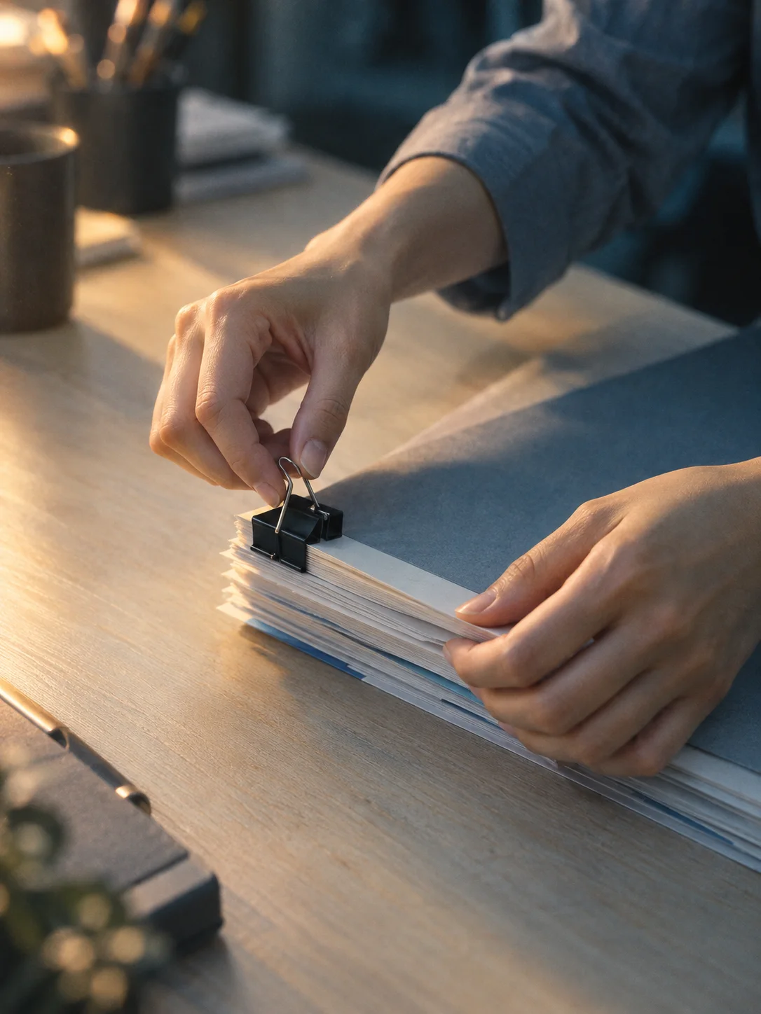 Hands Clipping a Stack of Documents — AI-generated photograph