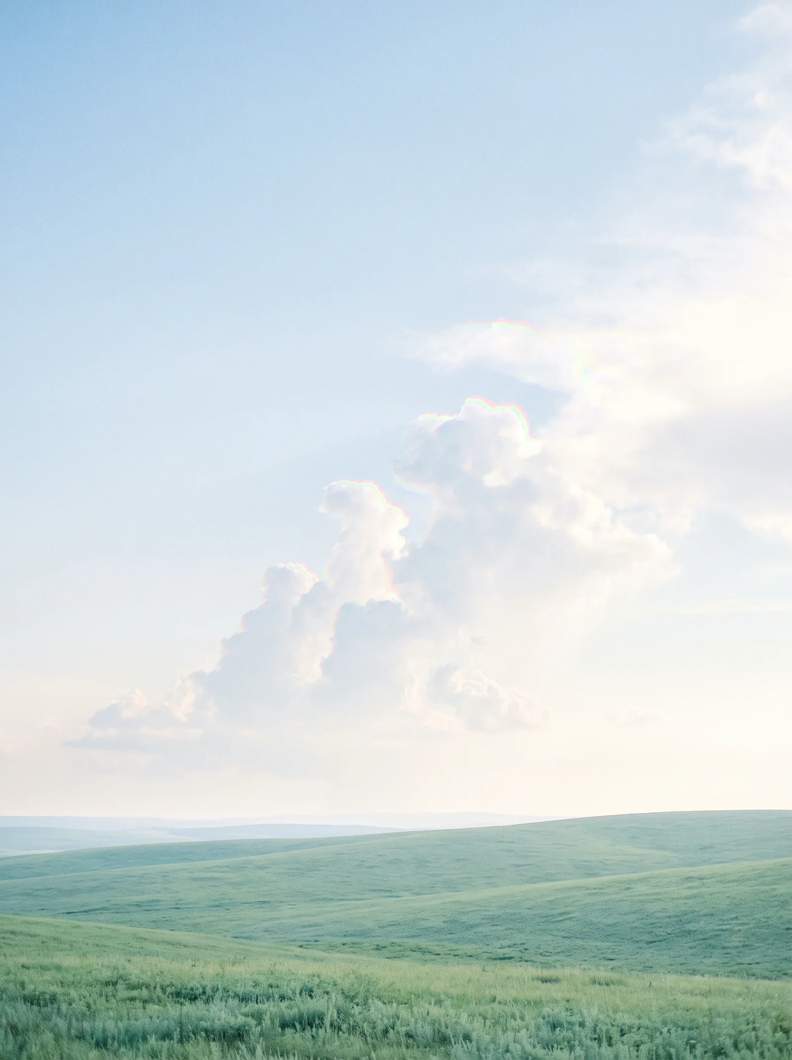 Pale Cumulonimbus Beyond a Bright Green Meadow — AI-generated photograph