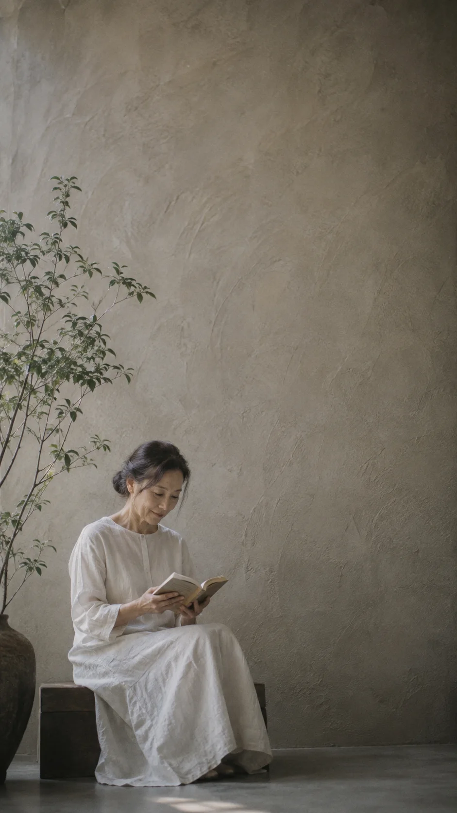 Older Woman Reading Beneath a Plaster Wall — AI-generated photograph