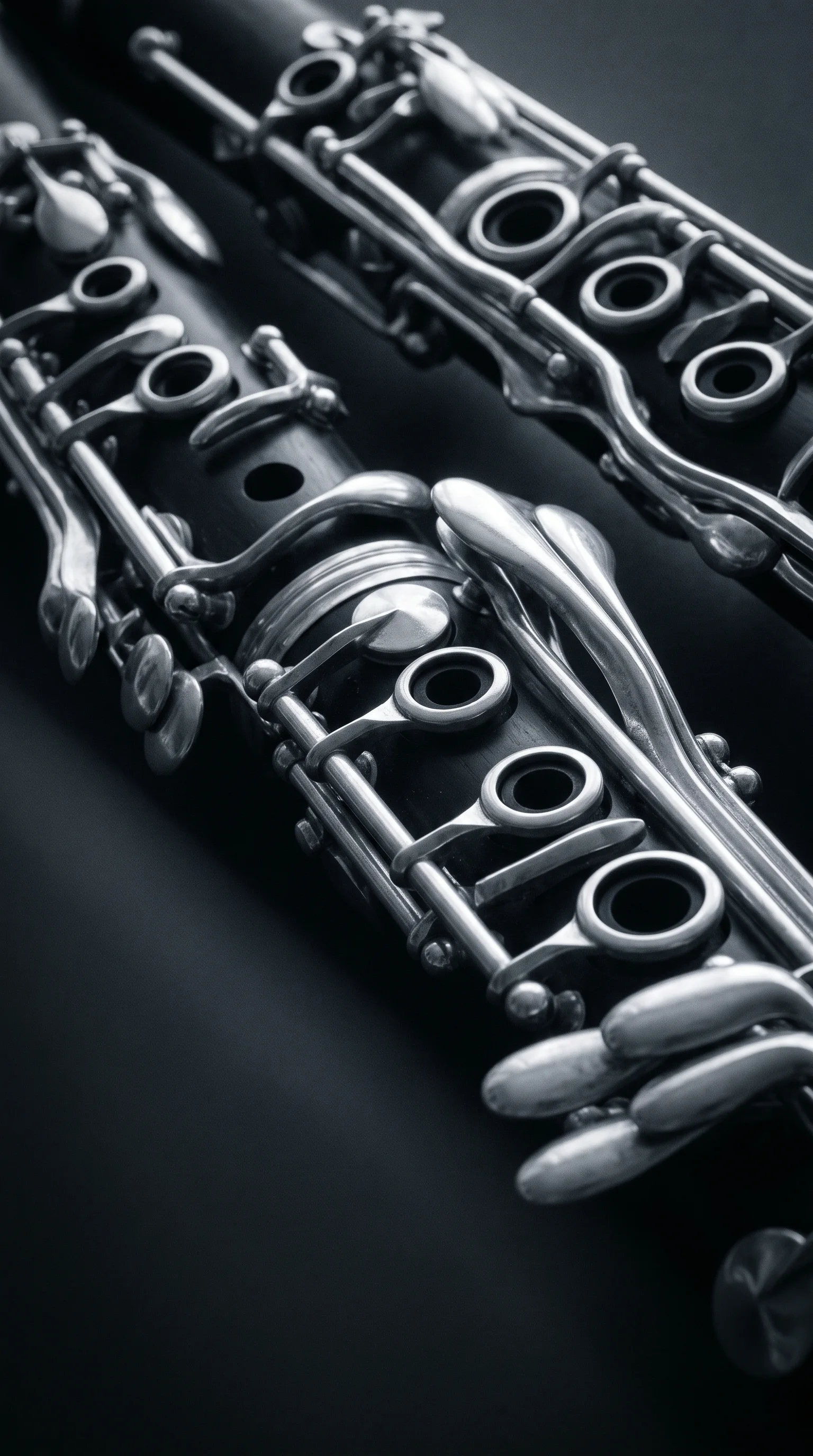 Clarinet Keys in Selenium Monochrome — AI-generated photograph