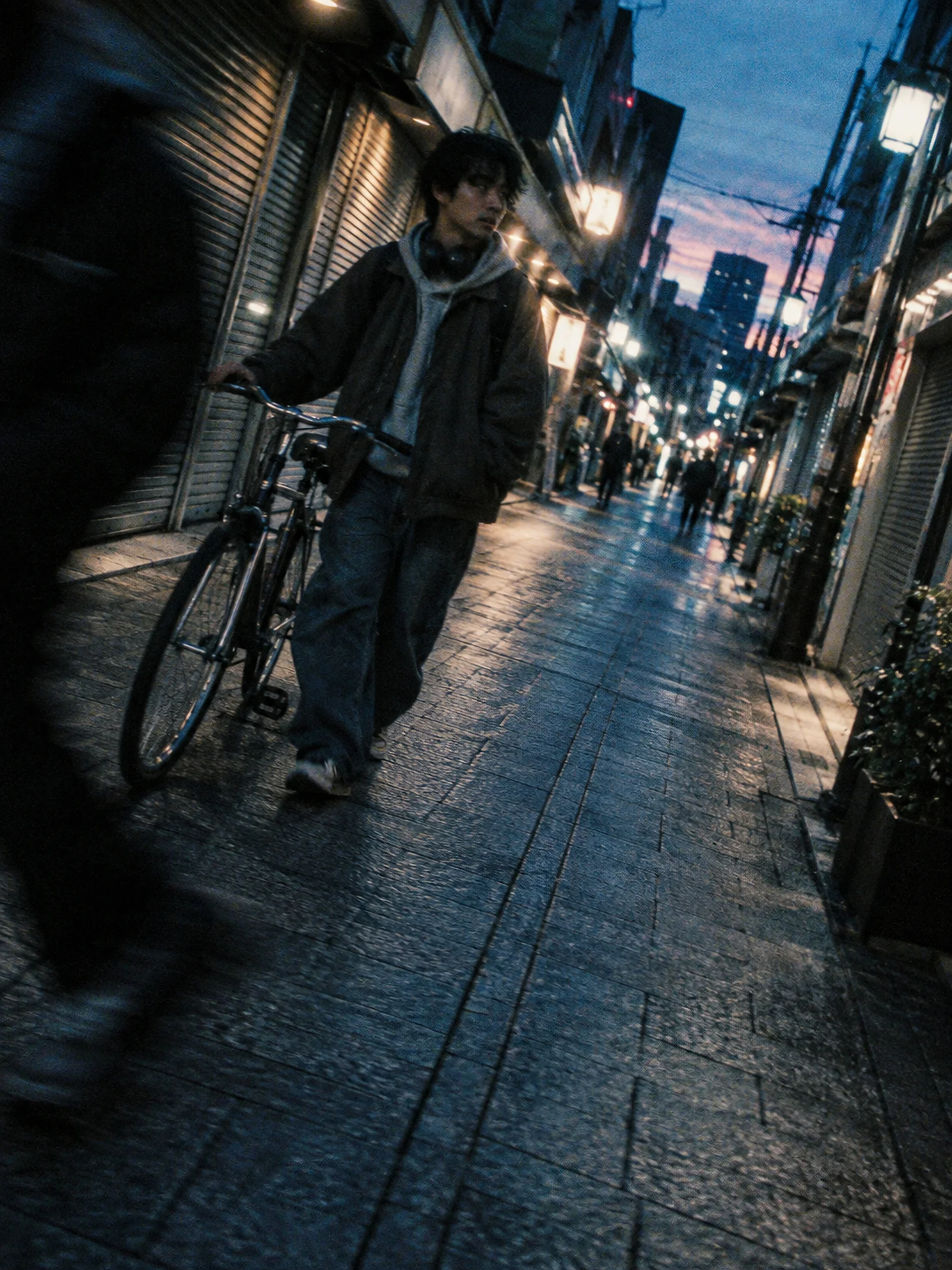 Man Pushing a Bicycle at Dusk — AI-generated photograph