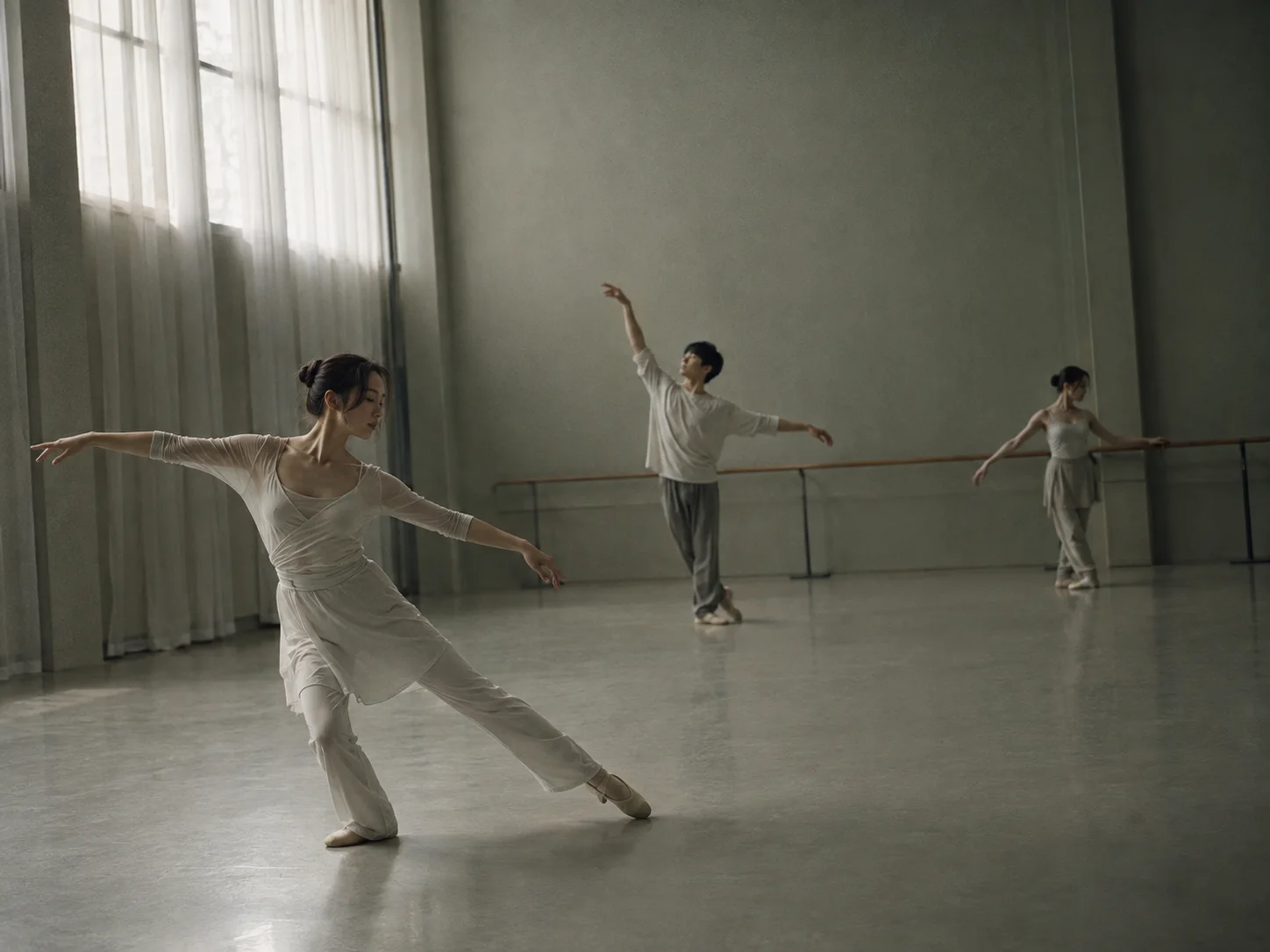 Three Dancers Rehearsing in a Sunlit Studio — AI-generated photograph