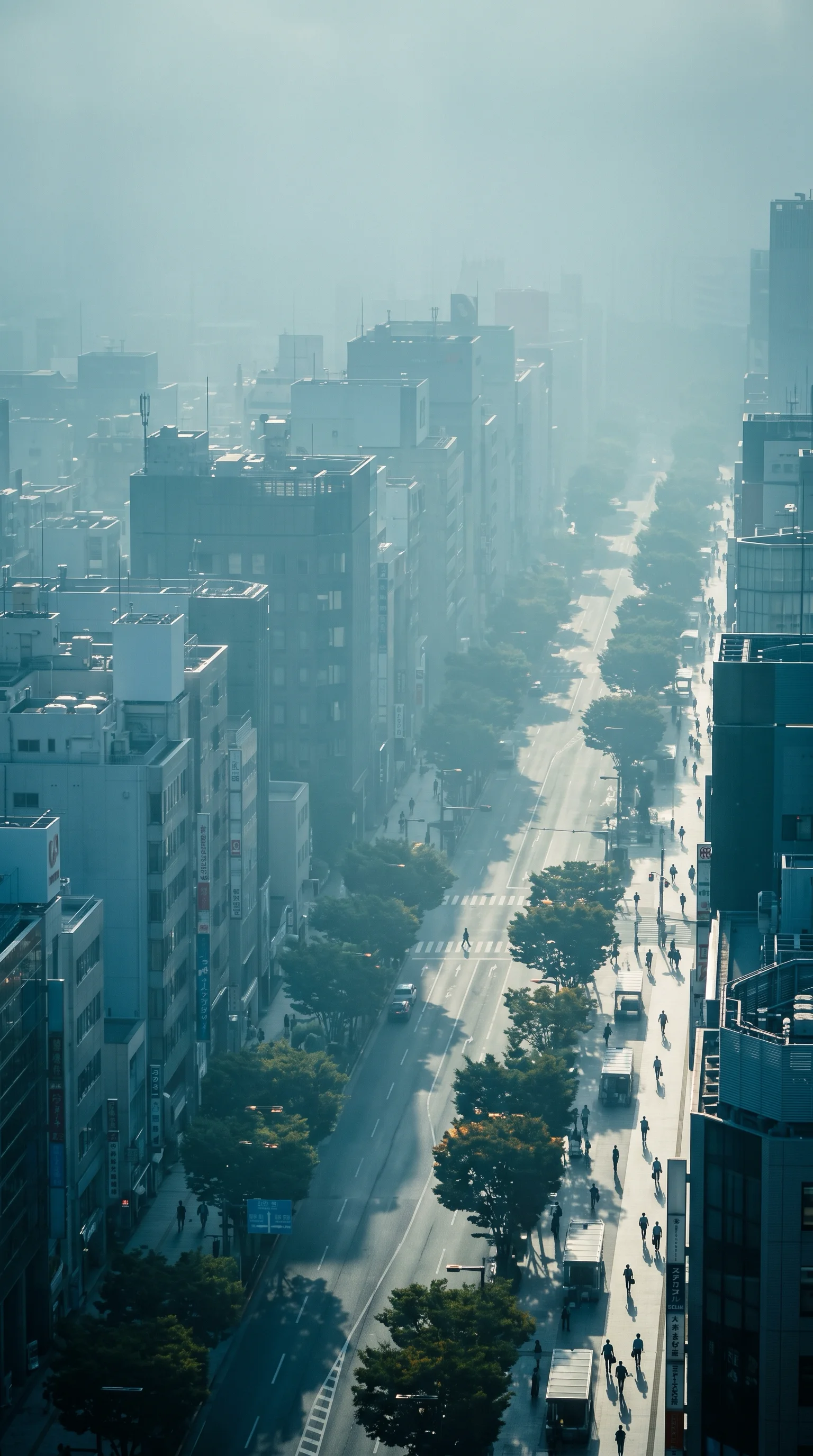 Layered Morning Avenue in Cool Haze — AI-generated photograph