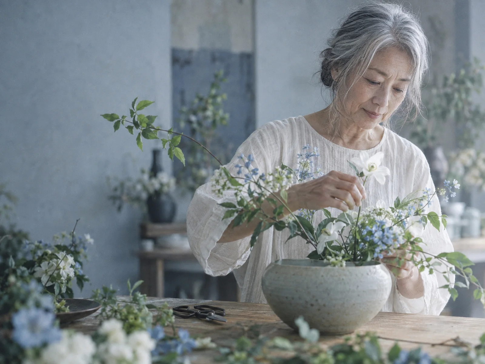 Elderly Florist Arranging White Flowers — AI-generated photograph