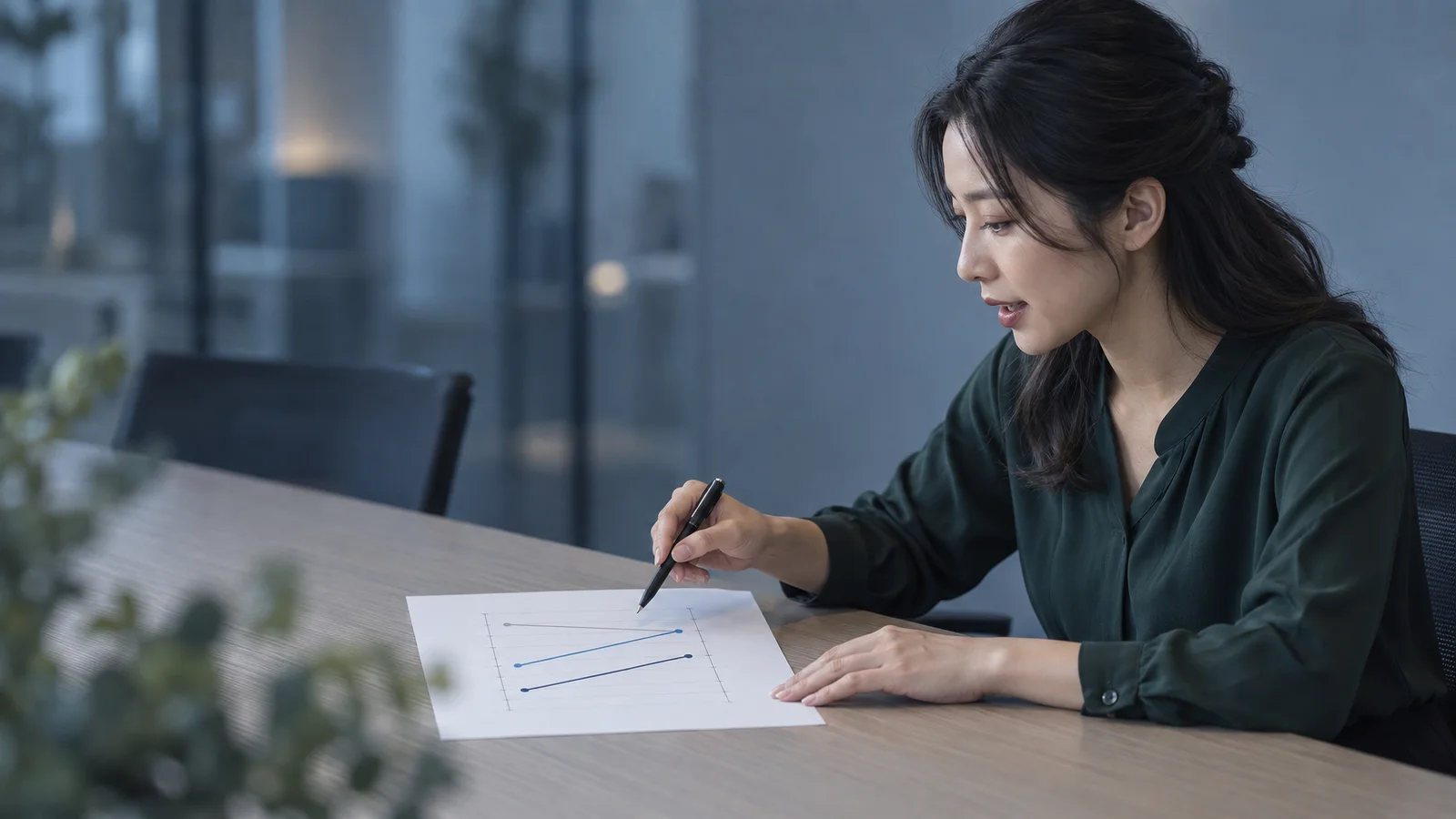Woman Explaining a Chart at Work — AI-generated photograph