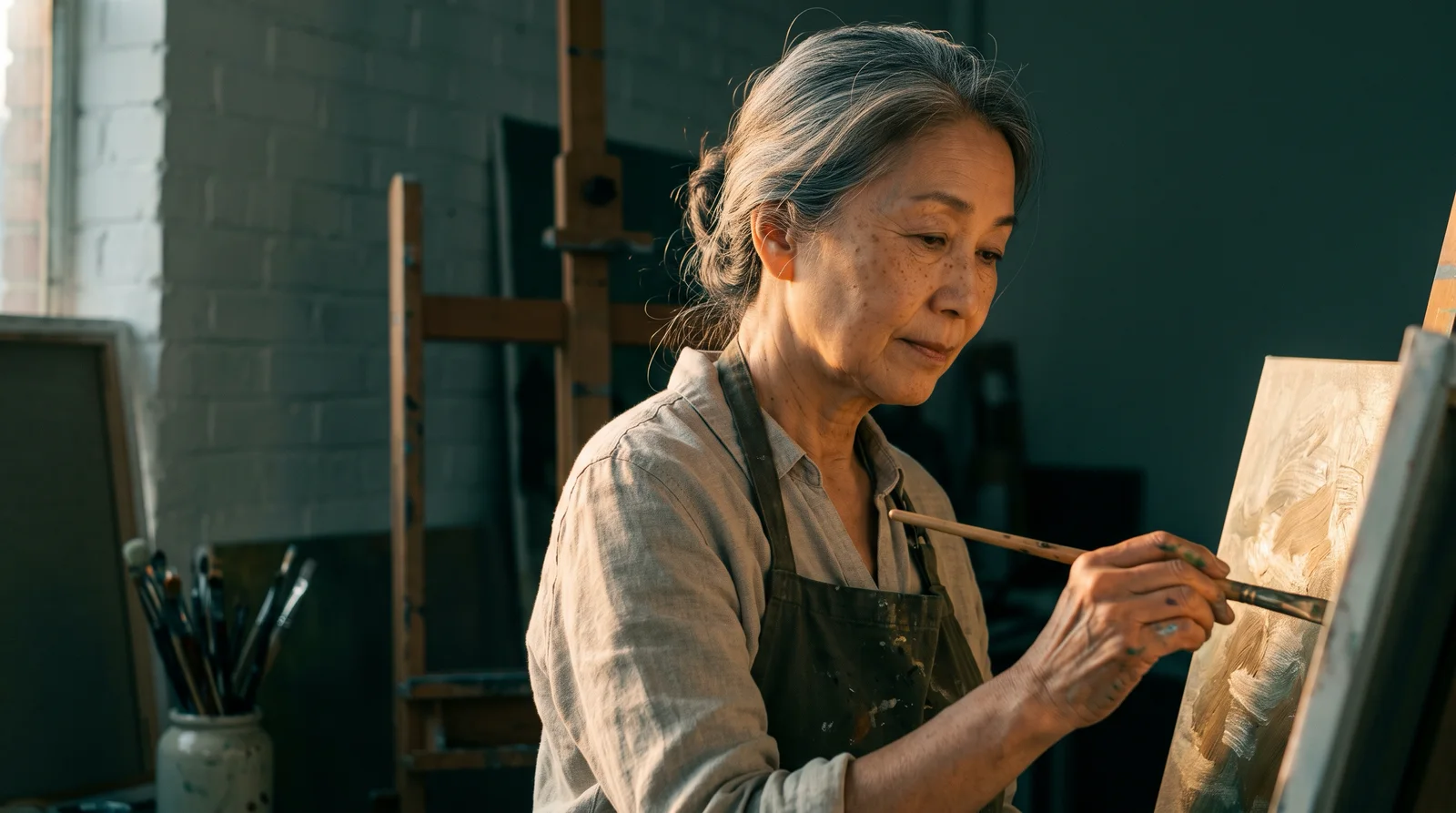 Elderly Woman Painter in Warm Window Light — AI-generated photograph