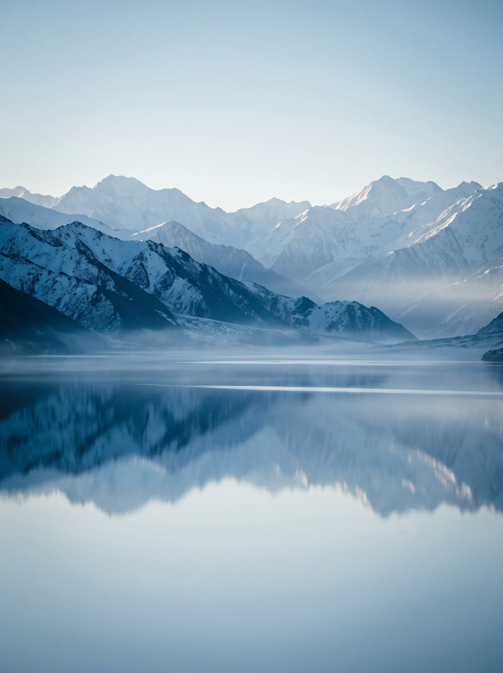 Snow-Capped Ridges Mirrored on a Misty Lake — AI-generated photograph