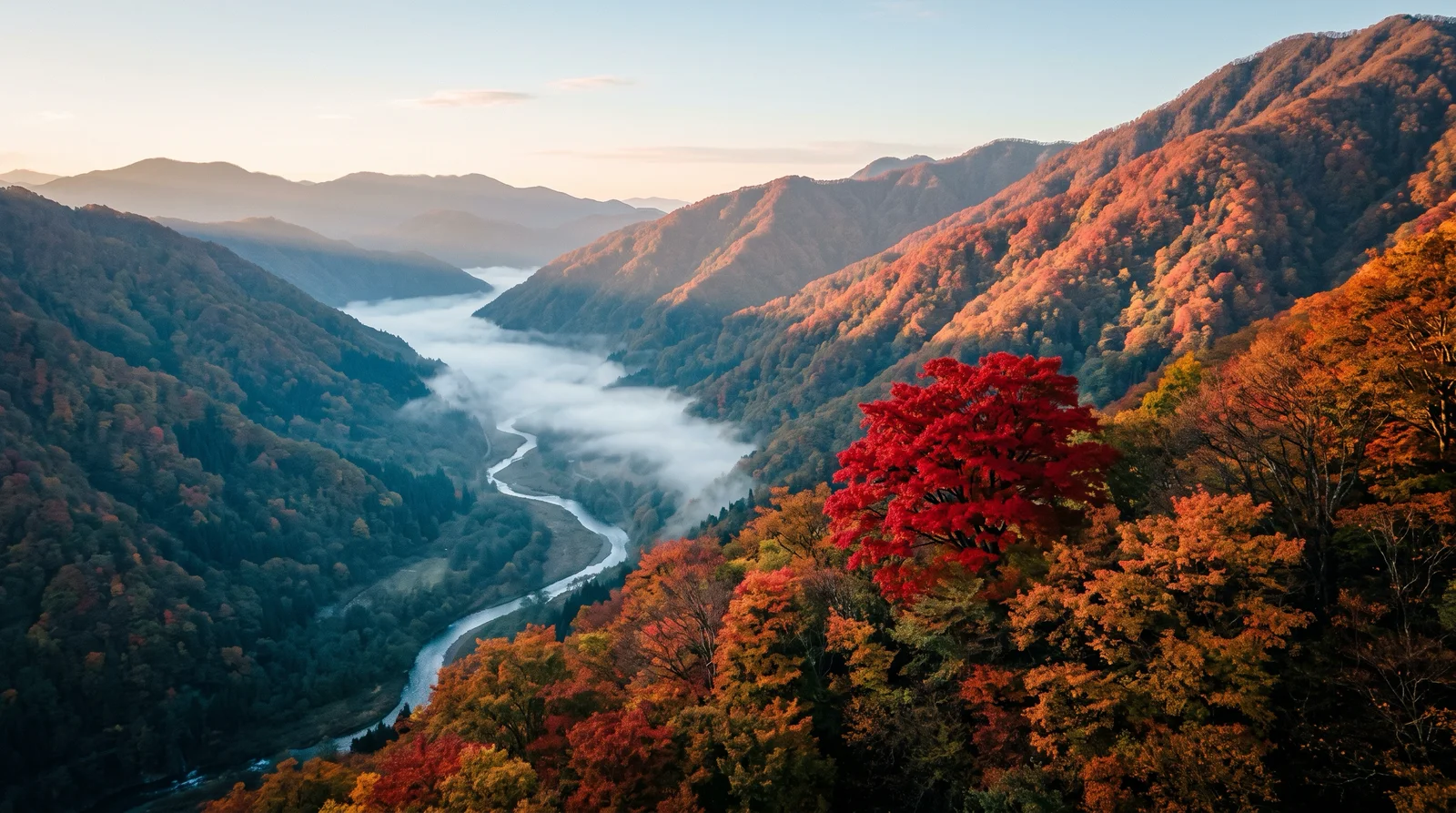 Autumn Ravine of Maples in Morning Mist — AI-generated photograph