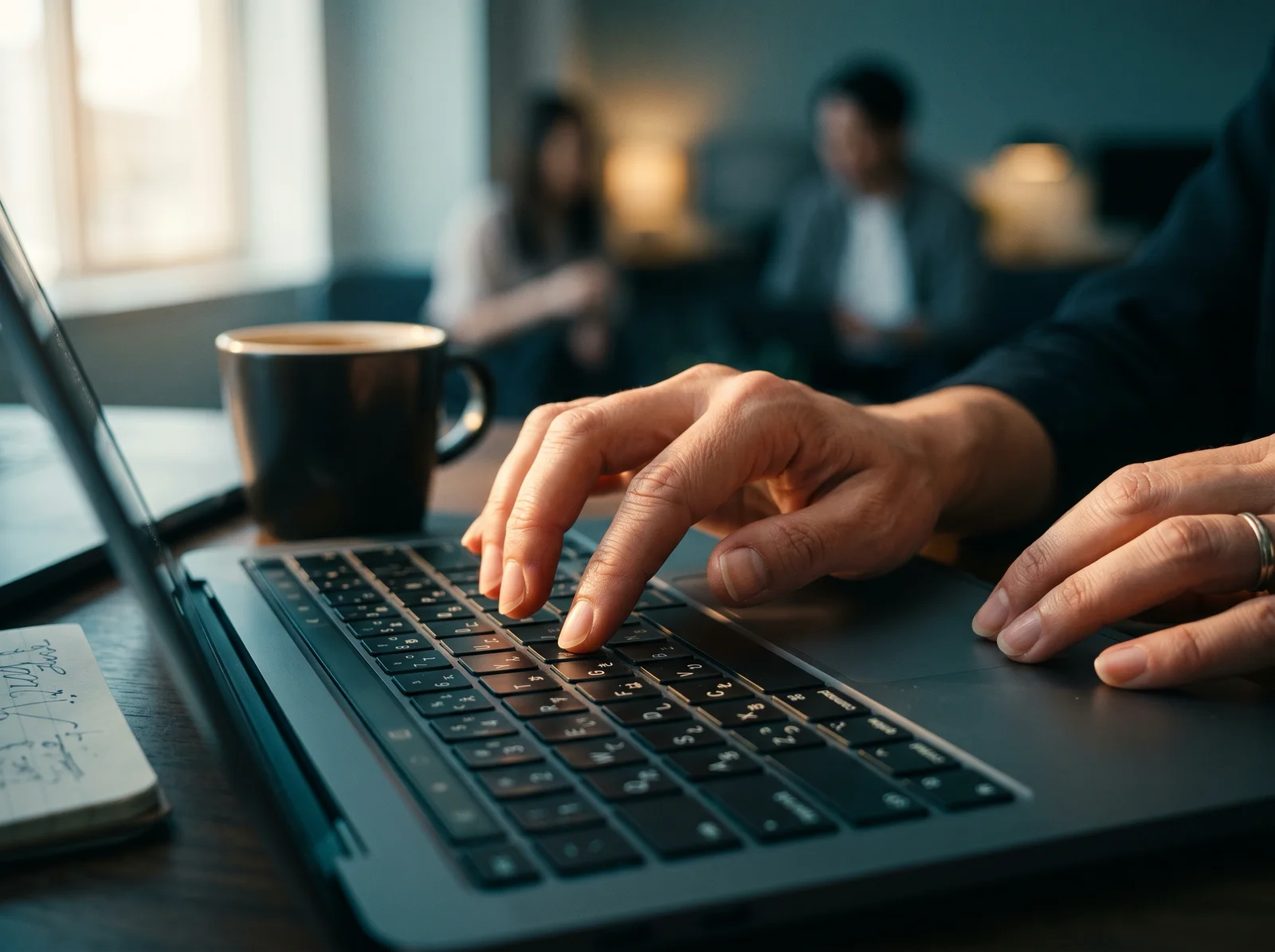 Hands Typing on a Laptop in Amber and Teal — AI-generated photograph