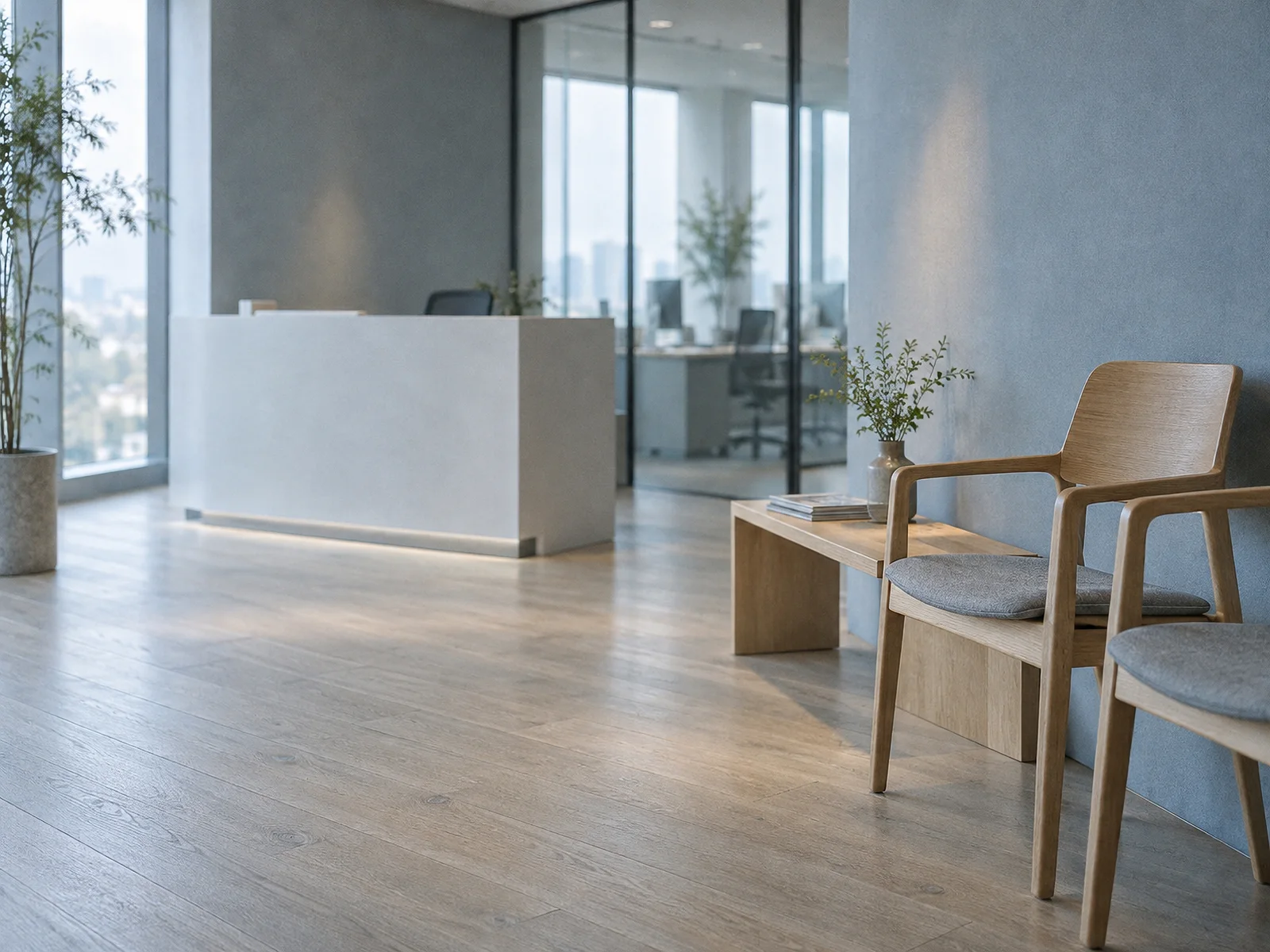 Wooden Chair Beside an Office Reception Desk — AI-generated photograph