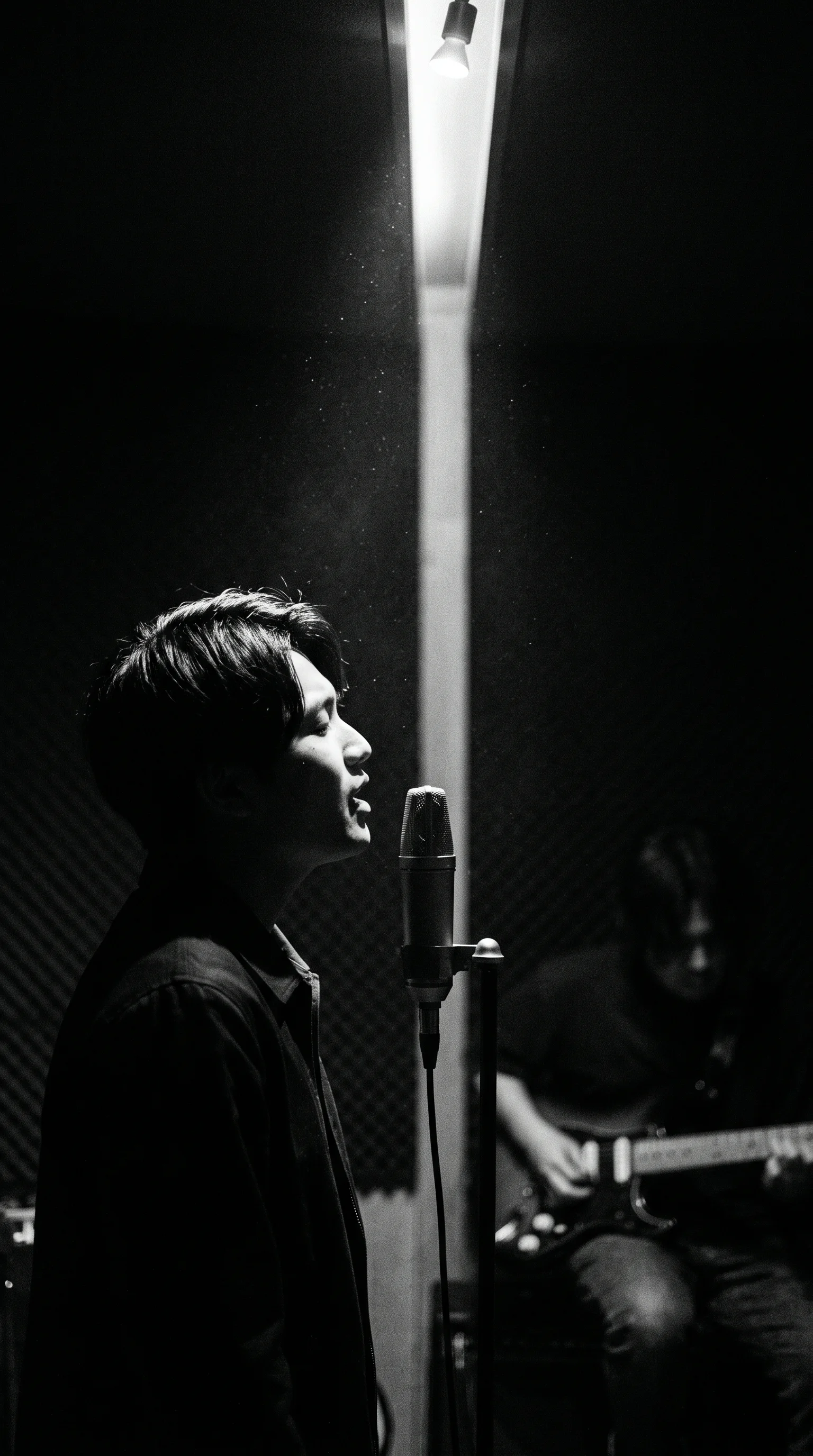 Man Singing into a Studio Microphone in Shadow — AI-generated photograph