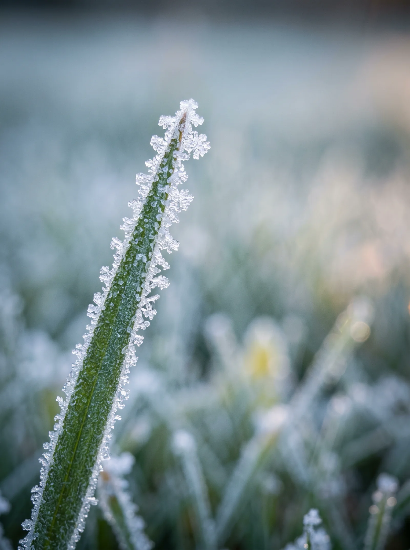 Frost-Rimed Grass Blades in Cool Dawn Light — AI-generated photograph