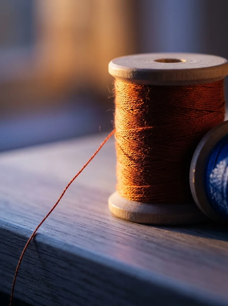 Thread Spool Drawing a Strand at Dusk — AI-generated photograph